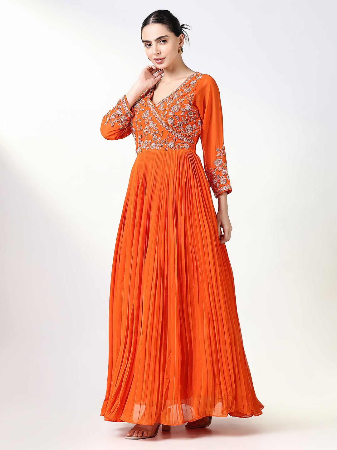 Women Orange Solid Anarkali Kurta with Dupatta