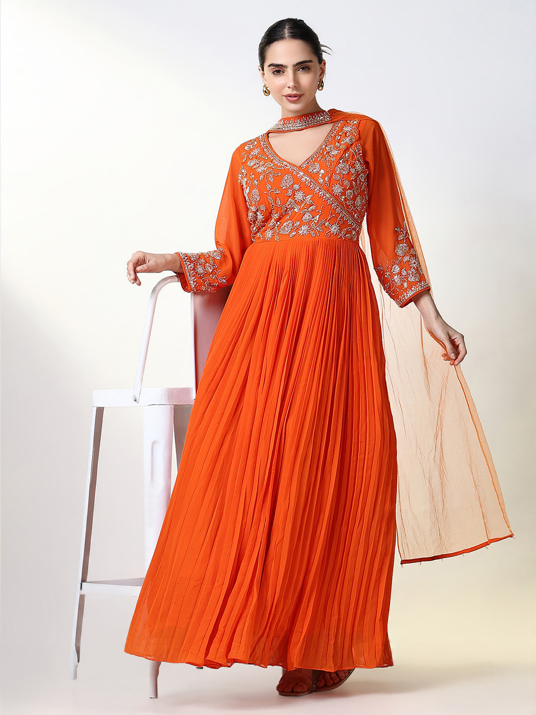 Women Orange Solid Anarkali Kurta with Dupatta