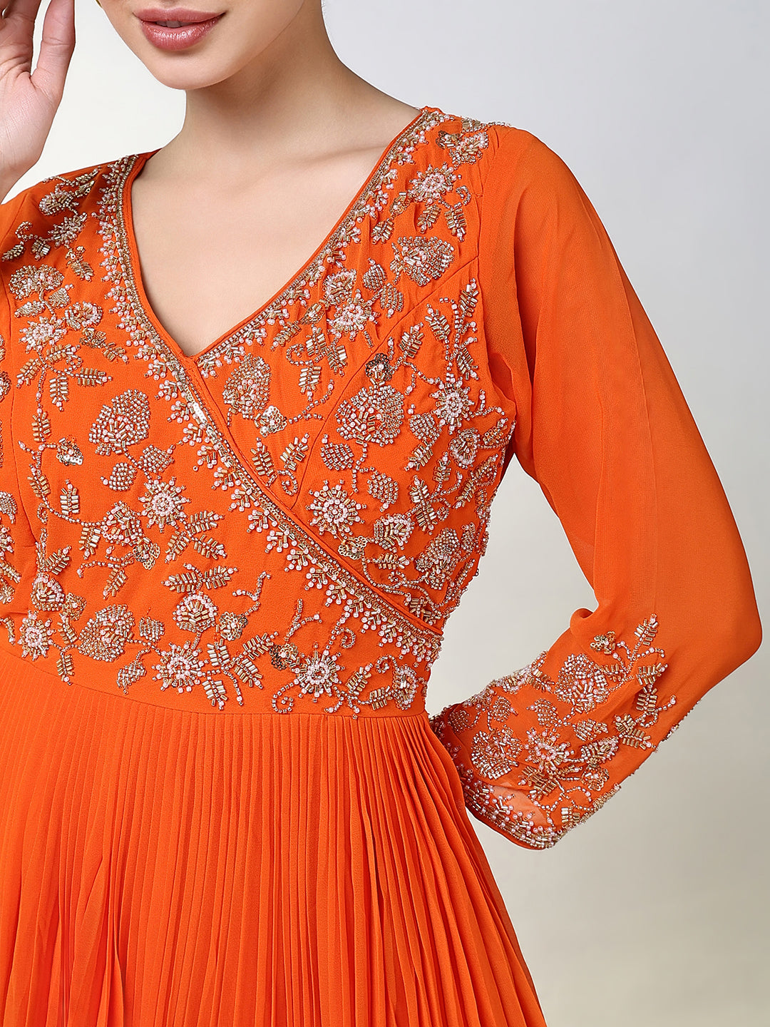 Women Orange Solid Anarkali Kurta with Dupatta