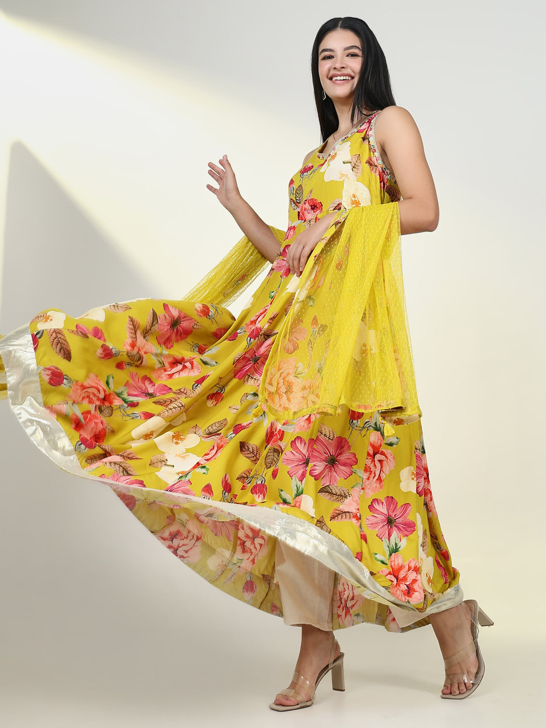 Women Floral Mustard Anarkali Kurta with Dupatta