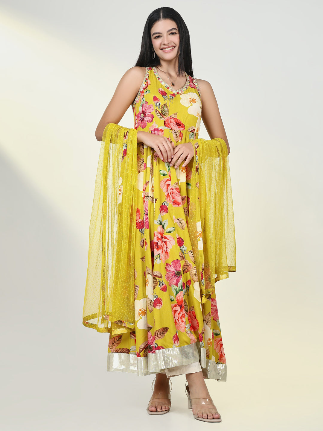 Women Floral Mustard Anarkali Kurta with Dupatta