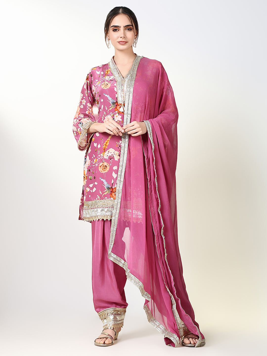 Women Floral Pink Straight Kurta Set with Dupatta