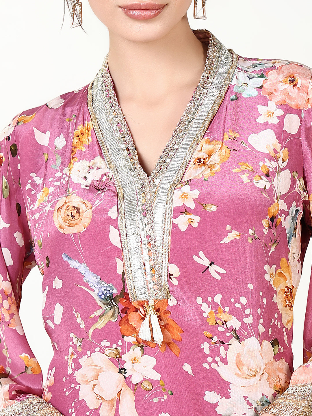 Women Floral Pink Straight Kurta Set with Dupatta