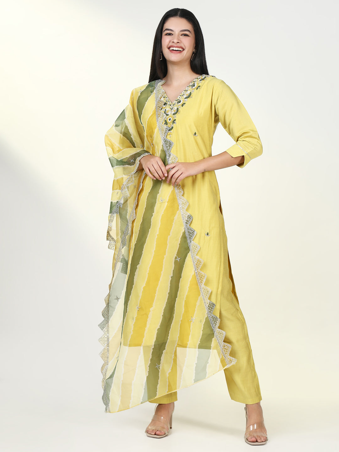 Women Solid Yellow Kurta Set with Dupatta