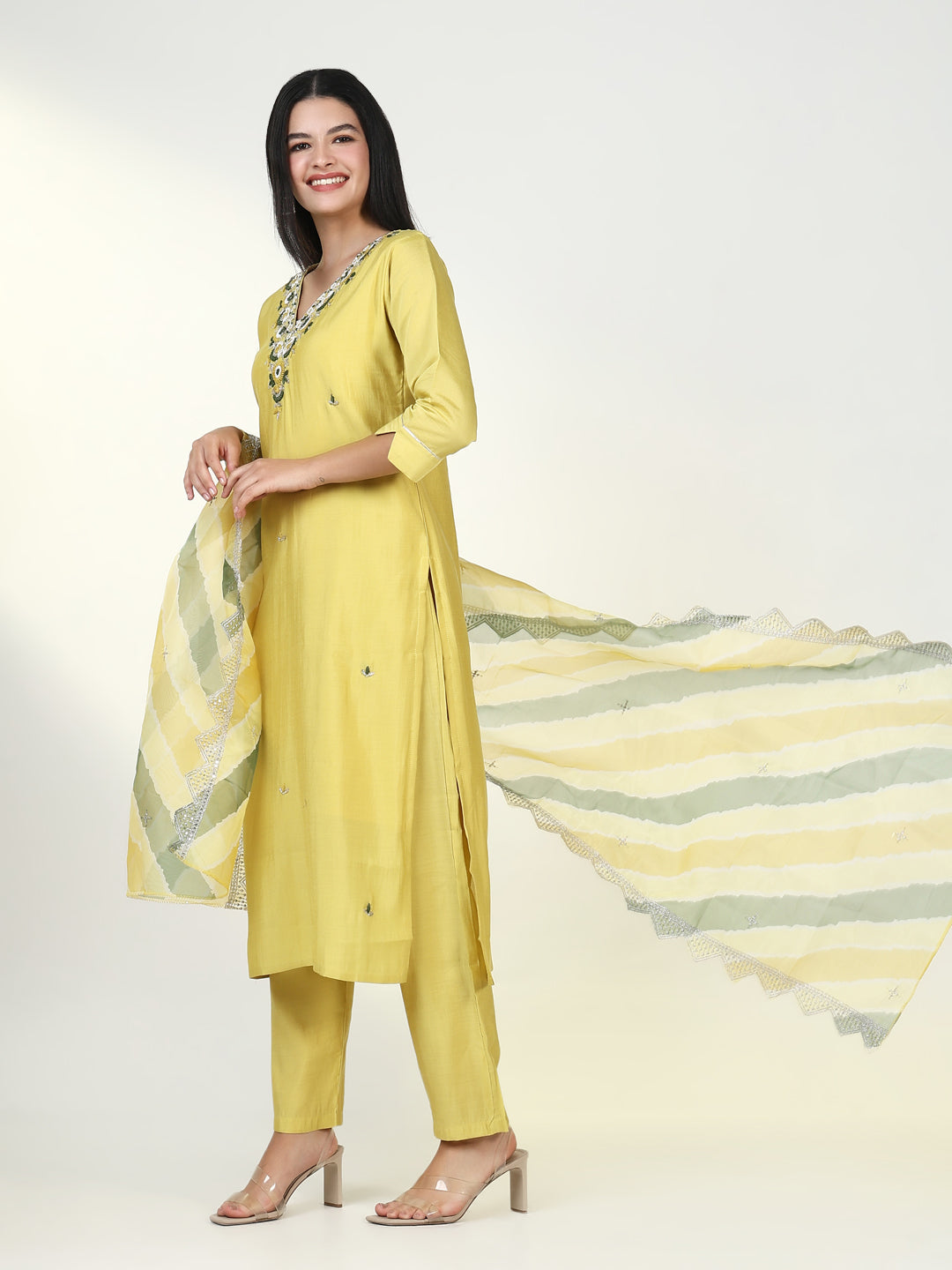 Women Solid Yellow Kurta Set with Dupatta