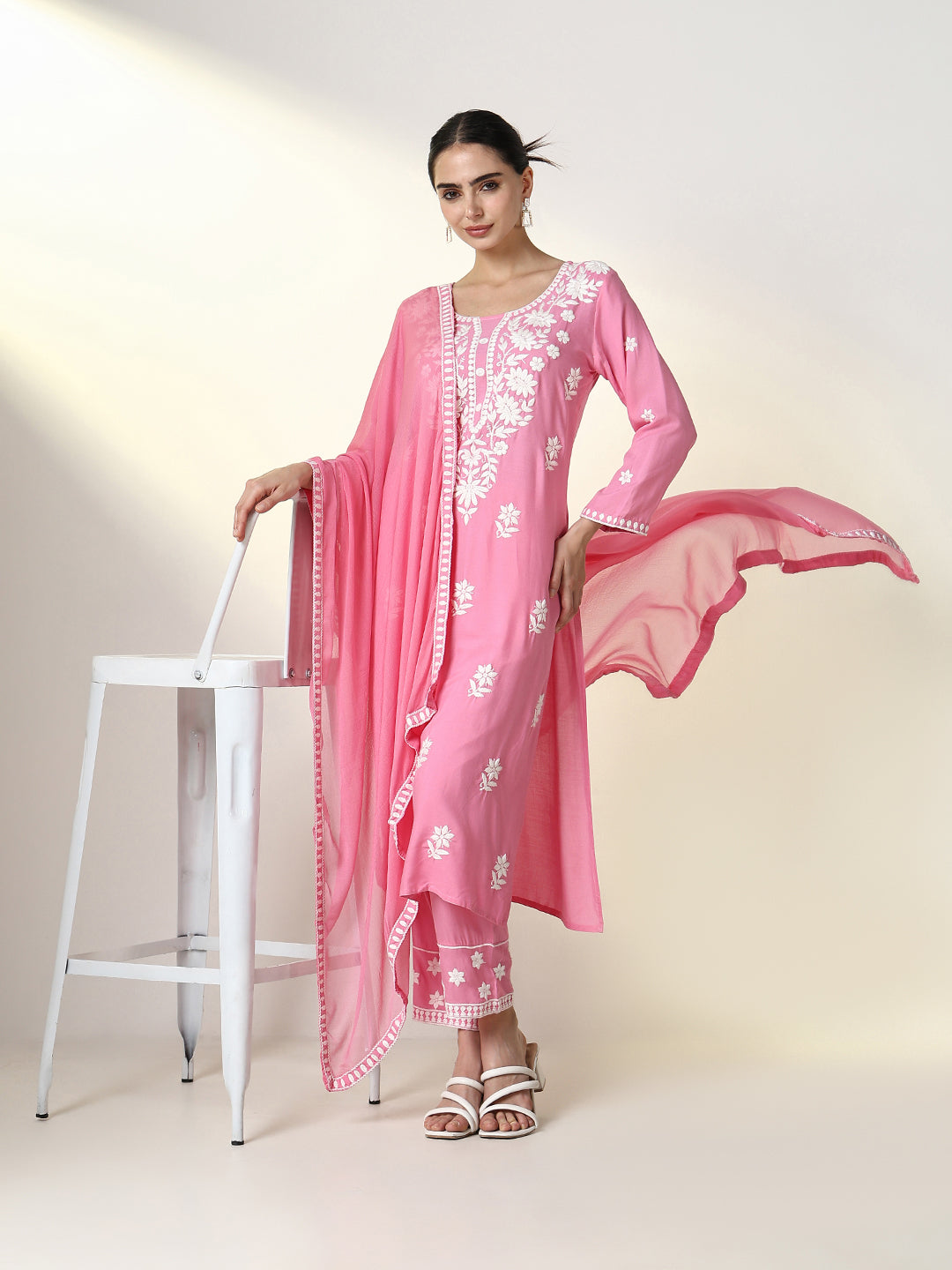 Women Floral Pink Straight Kurta Set with Dupatta