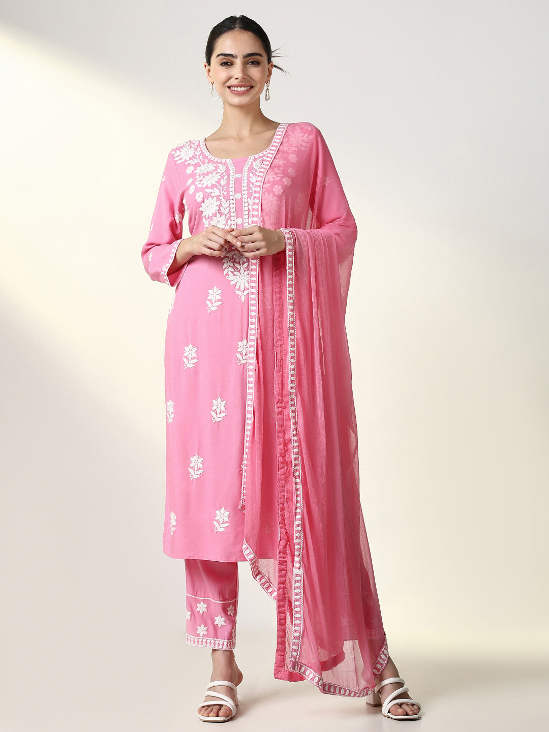 Women Floral Pink Straight Kurta Set with Dupatta