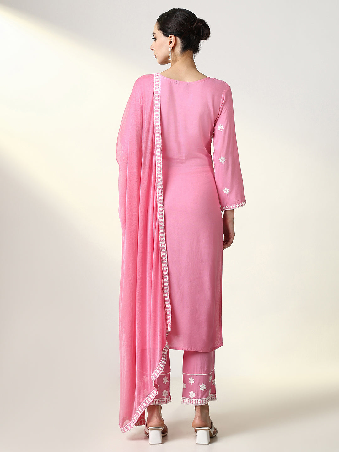 Women Floral Pink Straight Kurta Set with Dupatta