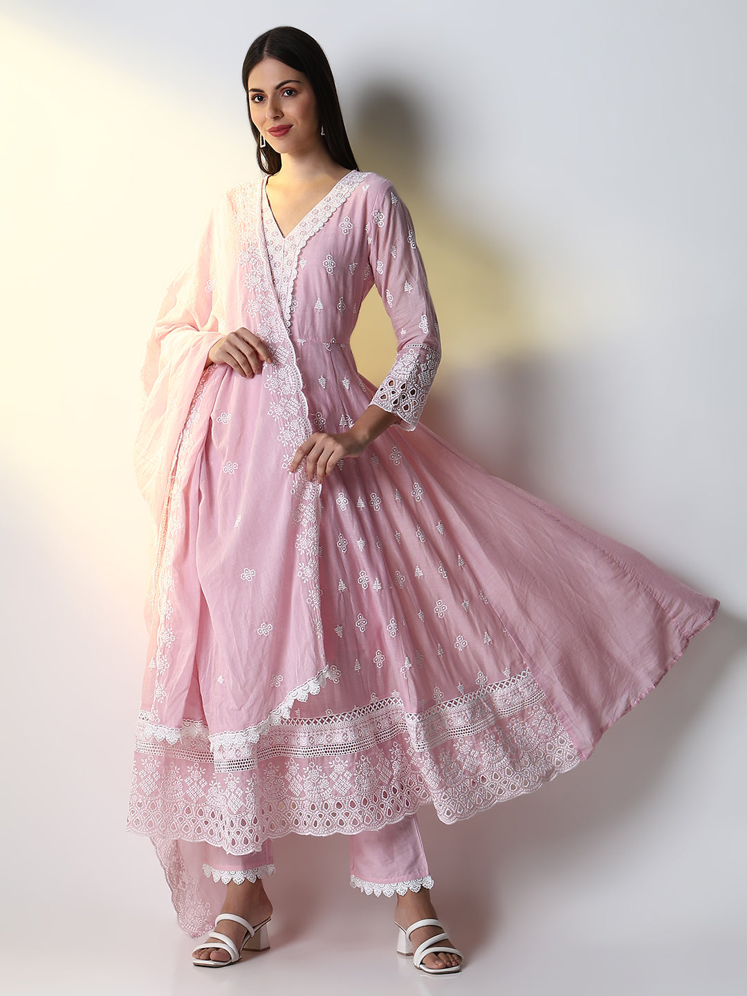 Women Pink Floral Anarkali Kurta Set with Dupatta