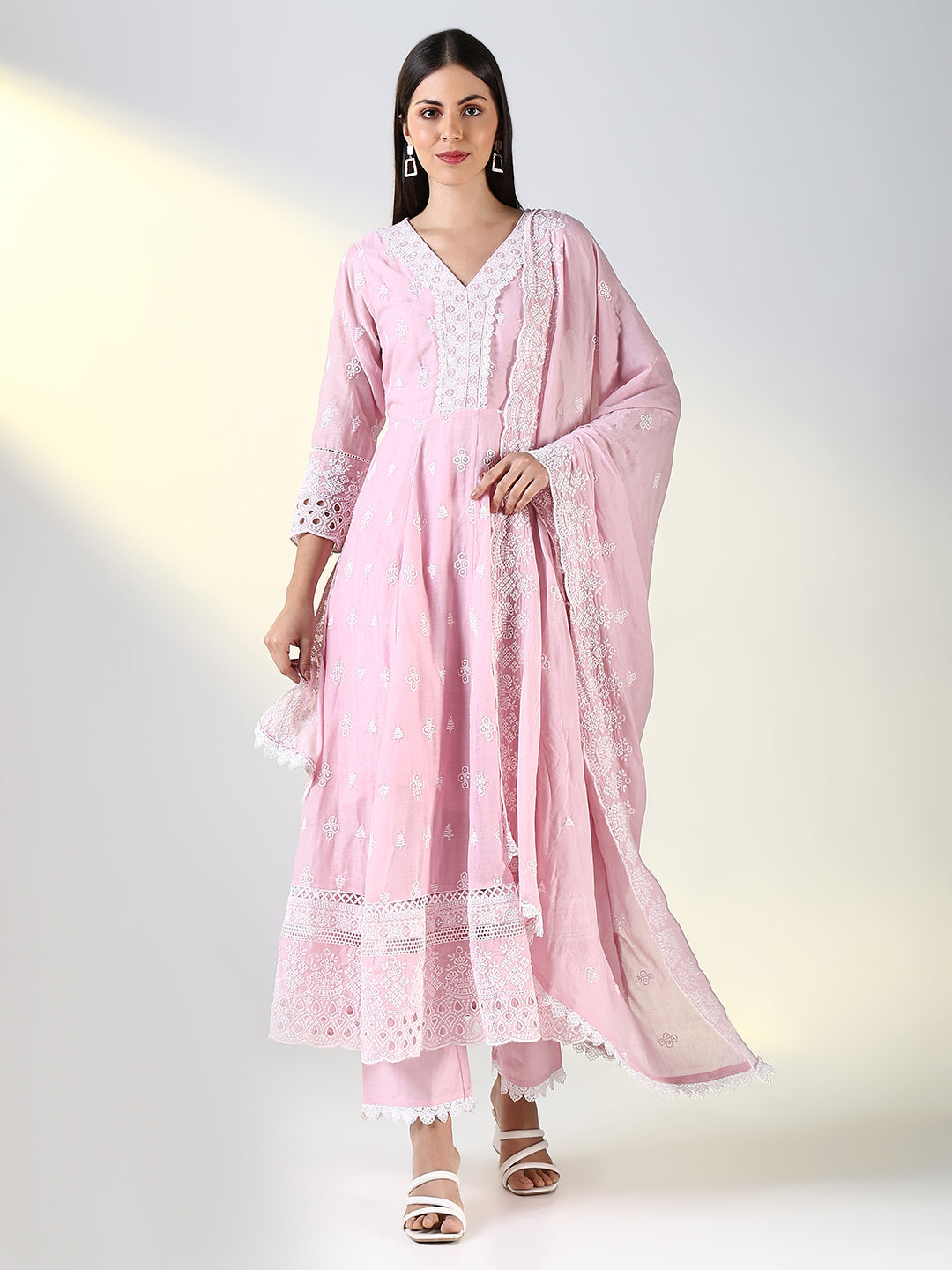 Women Pink Floral Anarkali Kurta Set with Dupatta