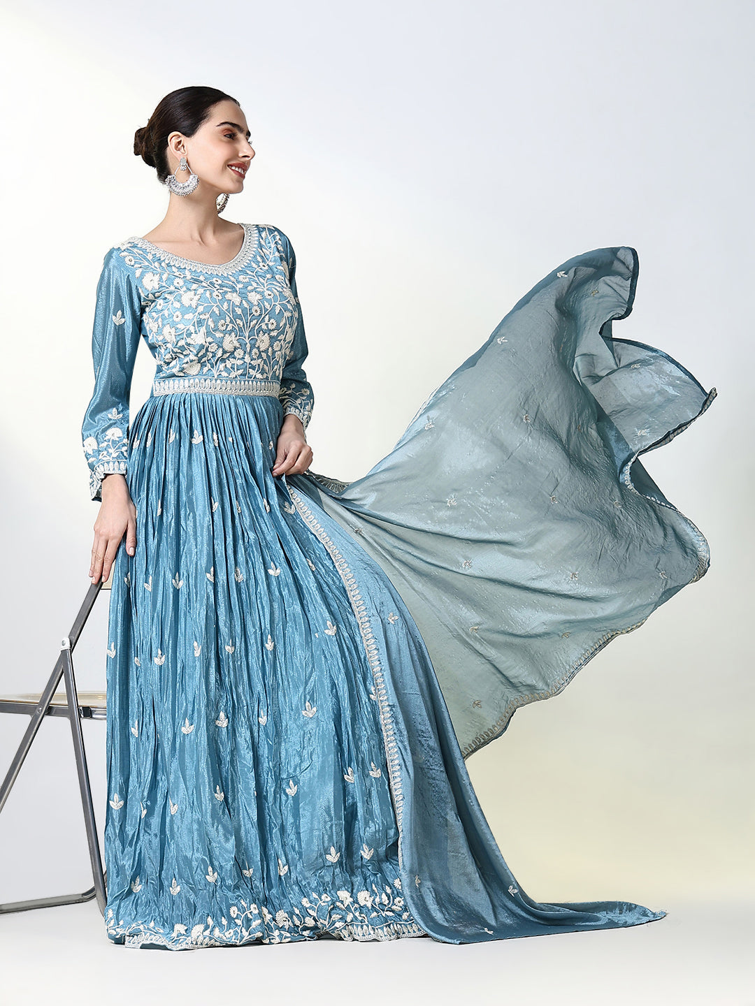 Women Blue Floral Anarkali Kurta with Dupatta