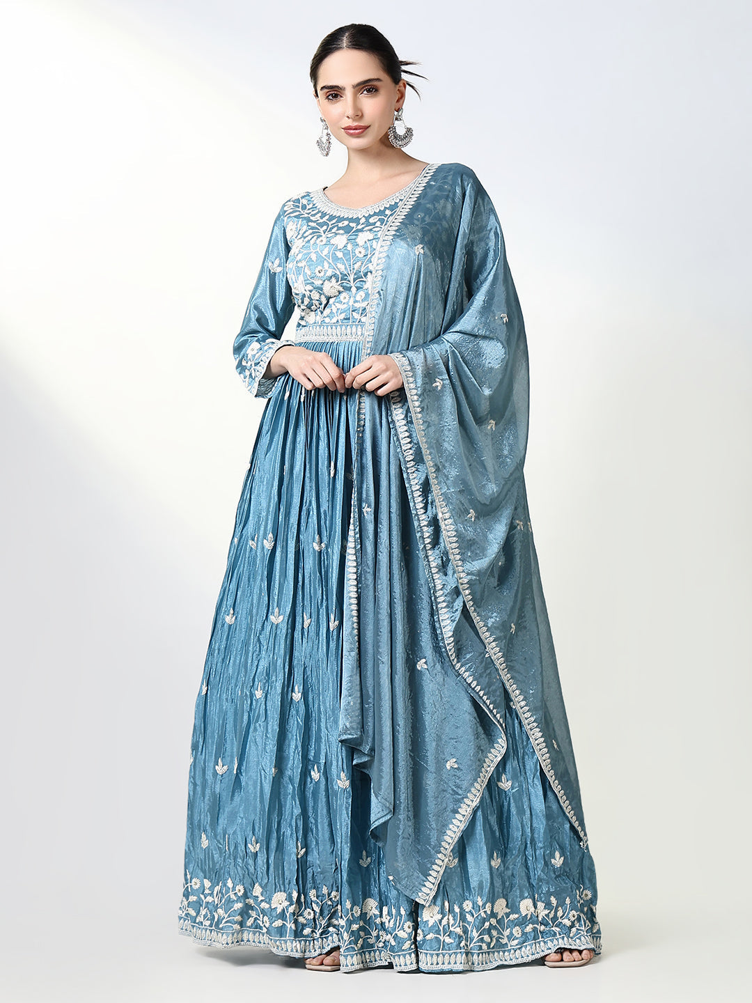 Women Blue Floral Anarkali Kurta with Dupatta