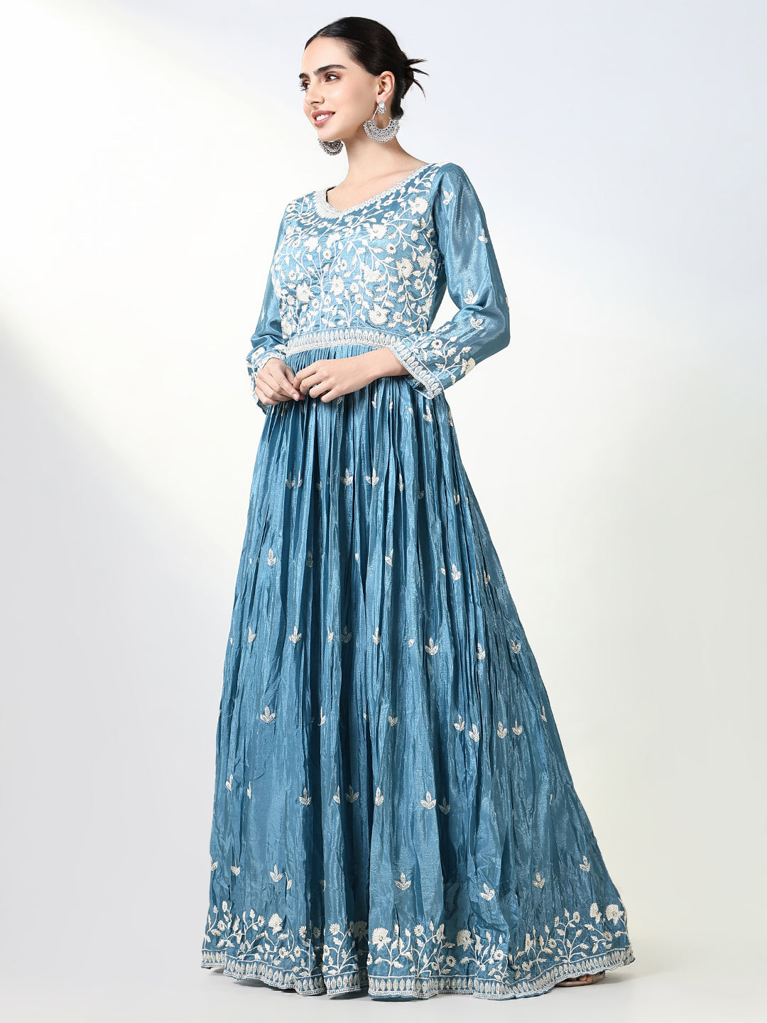 Women Blue Floral Anarkali Kurta with Dupatta