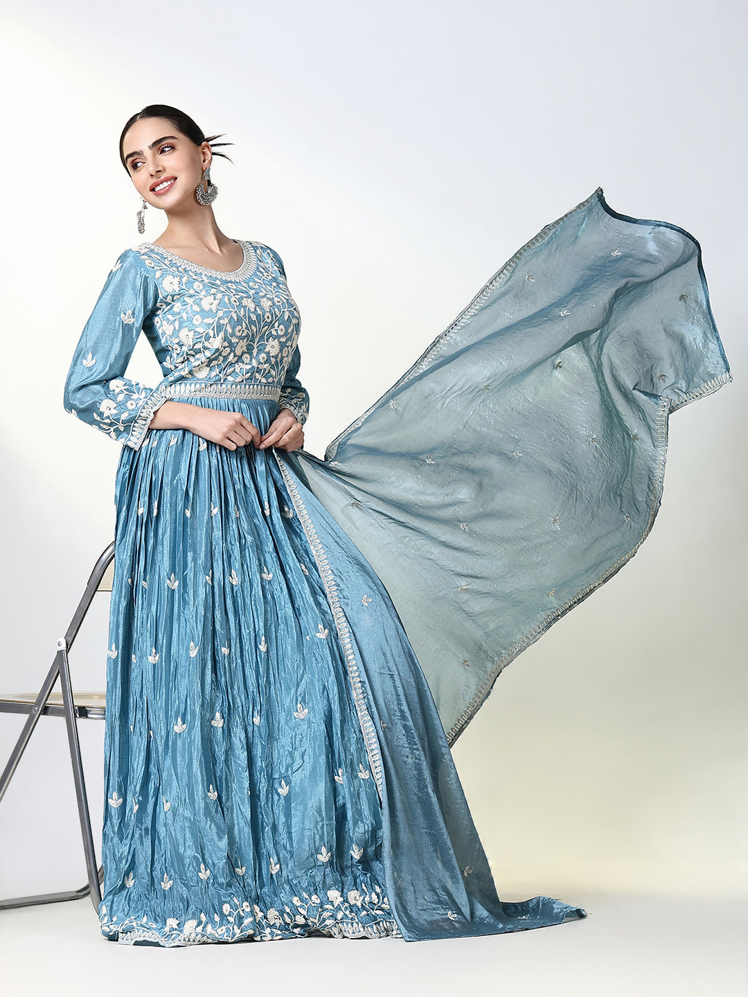 Women Blue Floral Anarkali Kurta with Dupatta