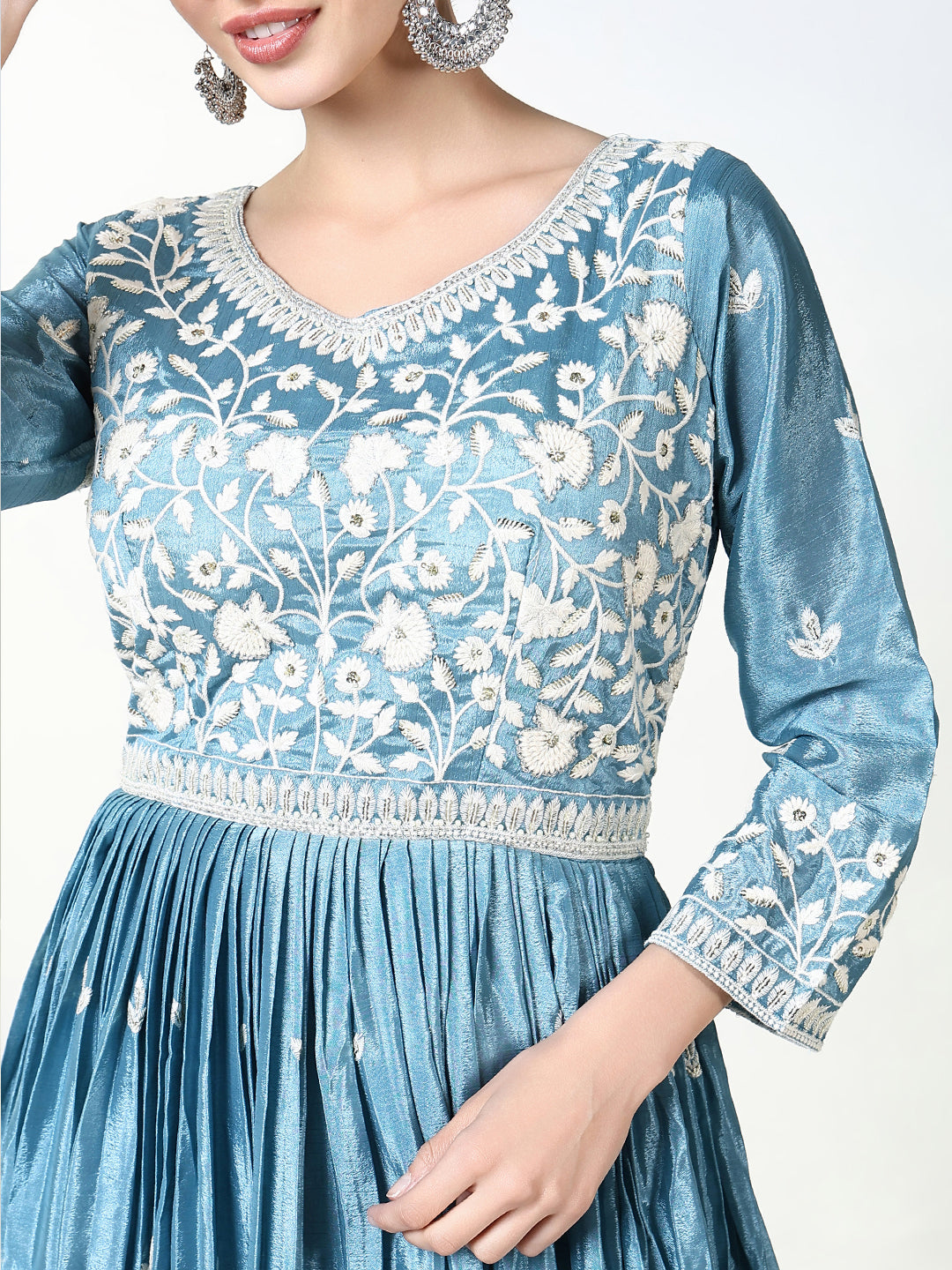 Women Blue Floral Anarkali Kurta with Dupatta