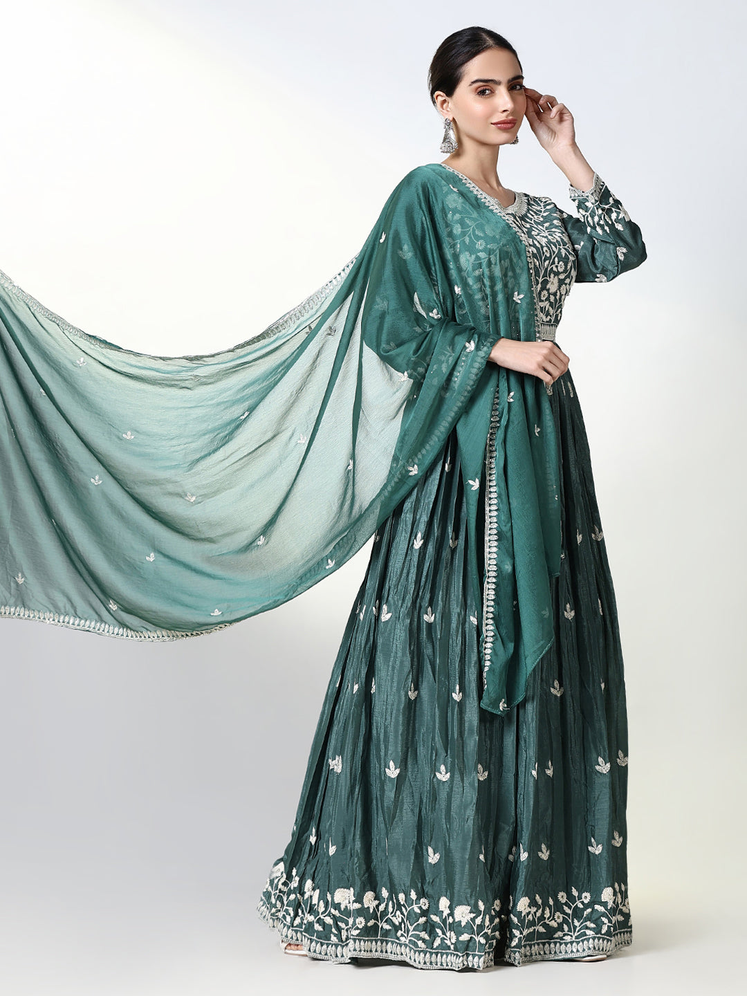 Women Green Floral Anarkali Kurta with Dupatta