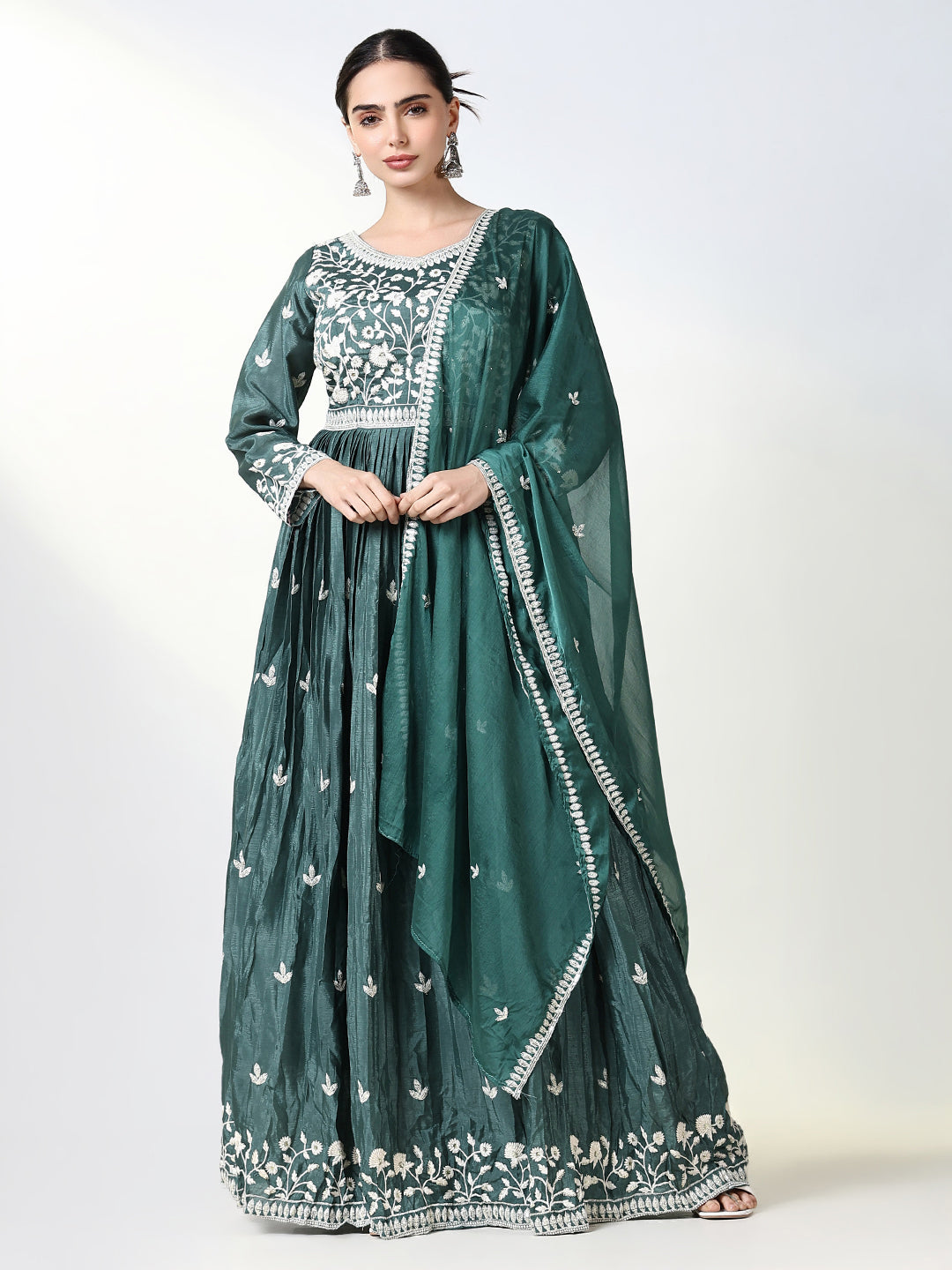 Women Green Floral Anarkali Kurta with Dupatta