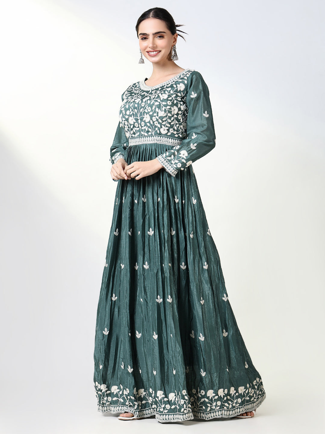 Women Green Floral Anarkali Kurta with Dupatta