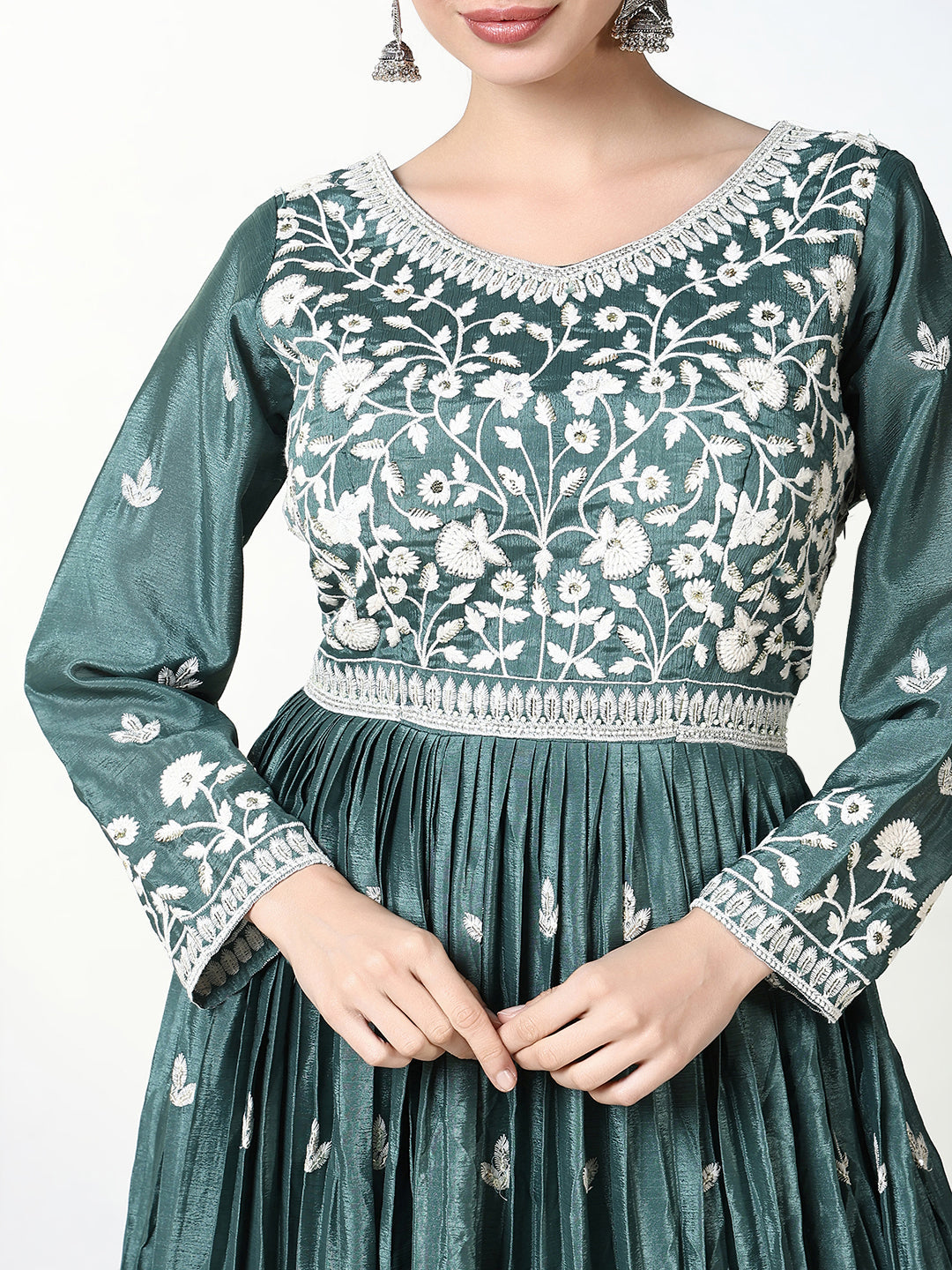 Women Green Floral Anarkali Kurta with Dupatta