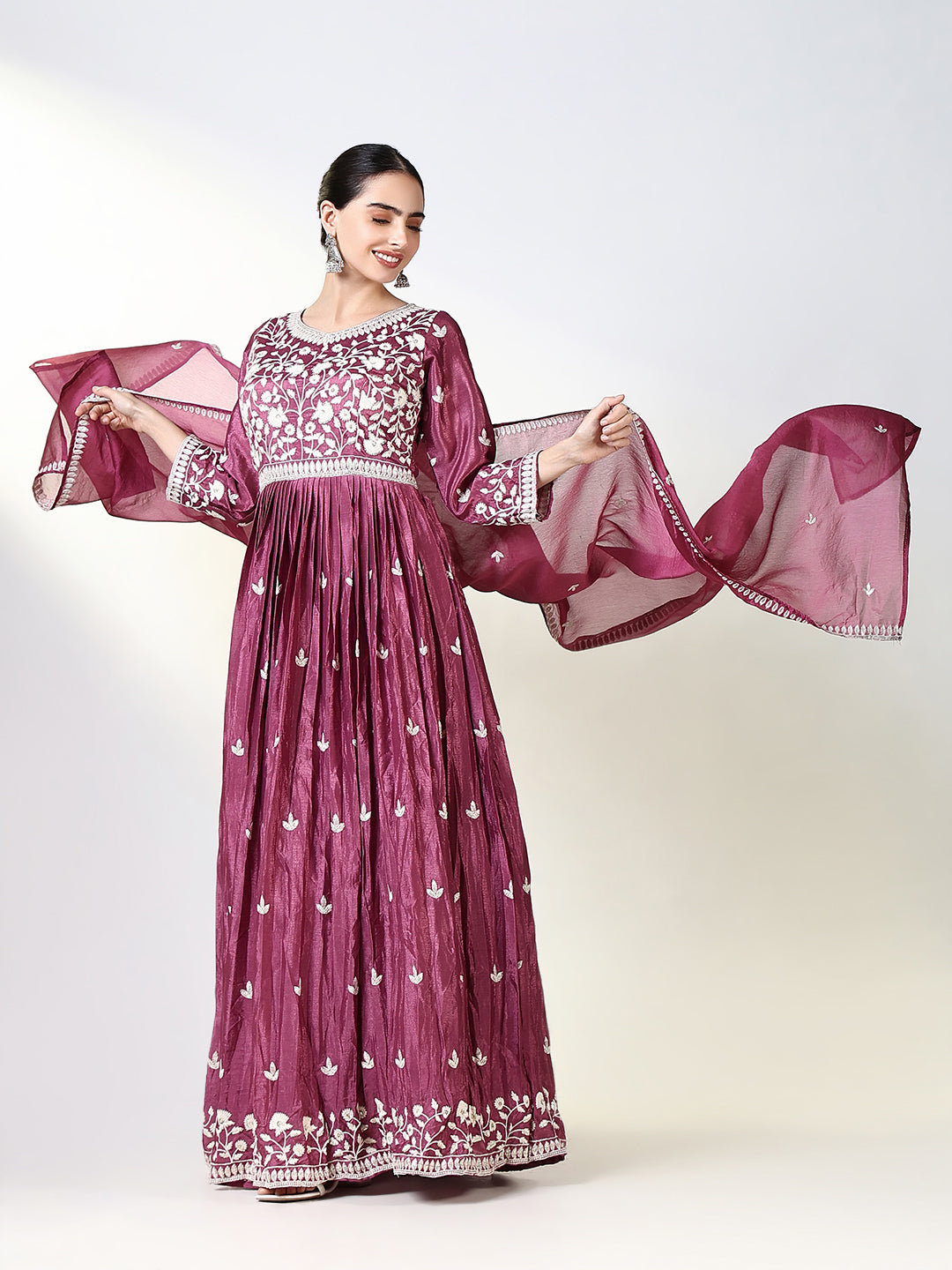 Women Pink Floral Anarkali Kurta with Dupatta