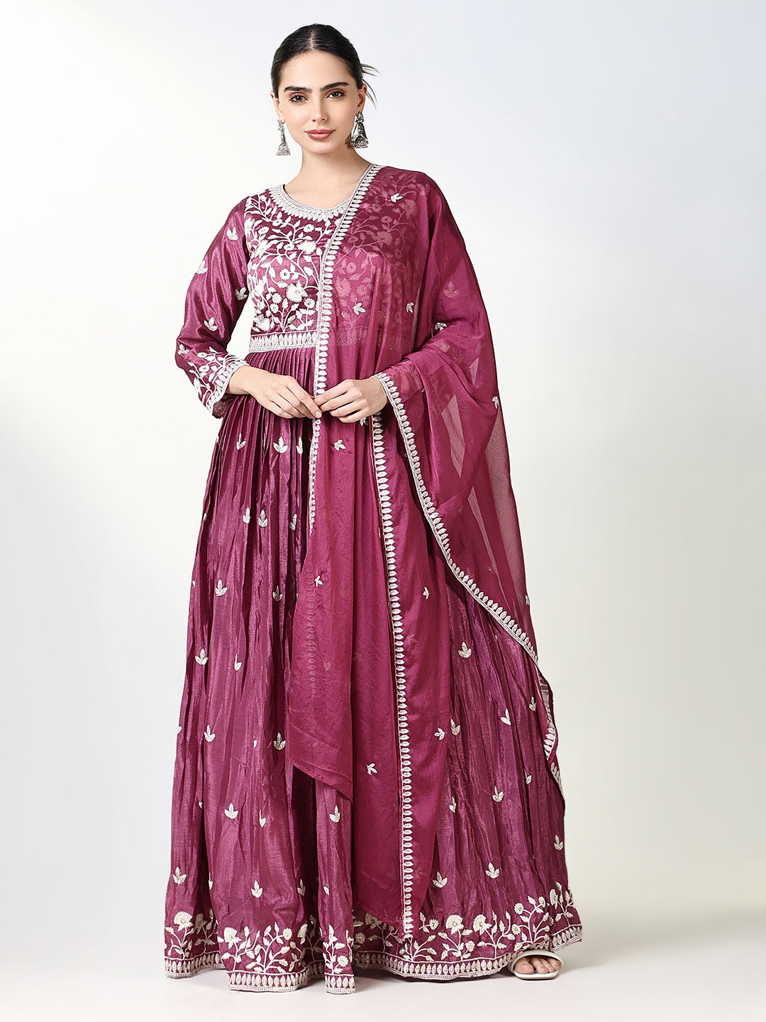 Women Pink Floral Anarkali Kurta with Dupatta