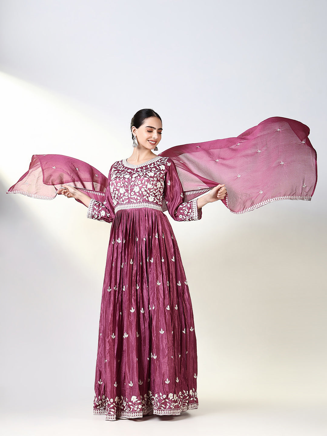 Women Pink Floral Anarkali Kurta with Dupatta