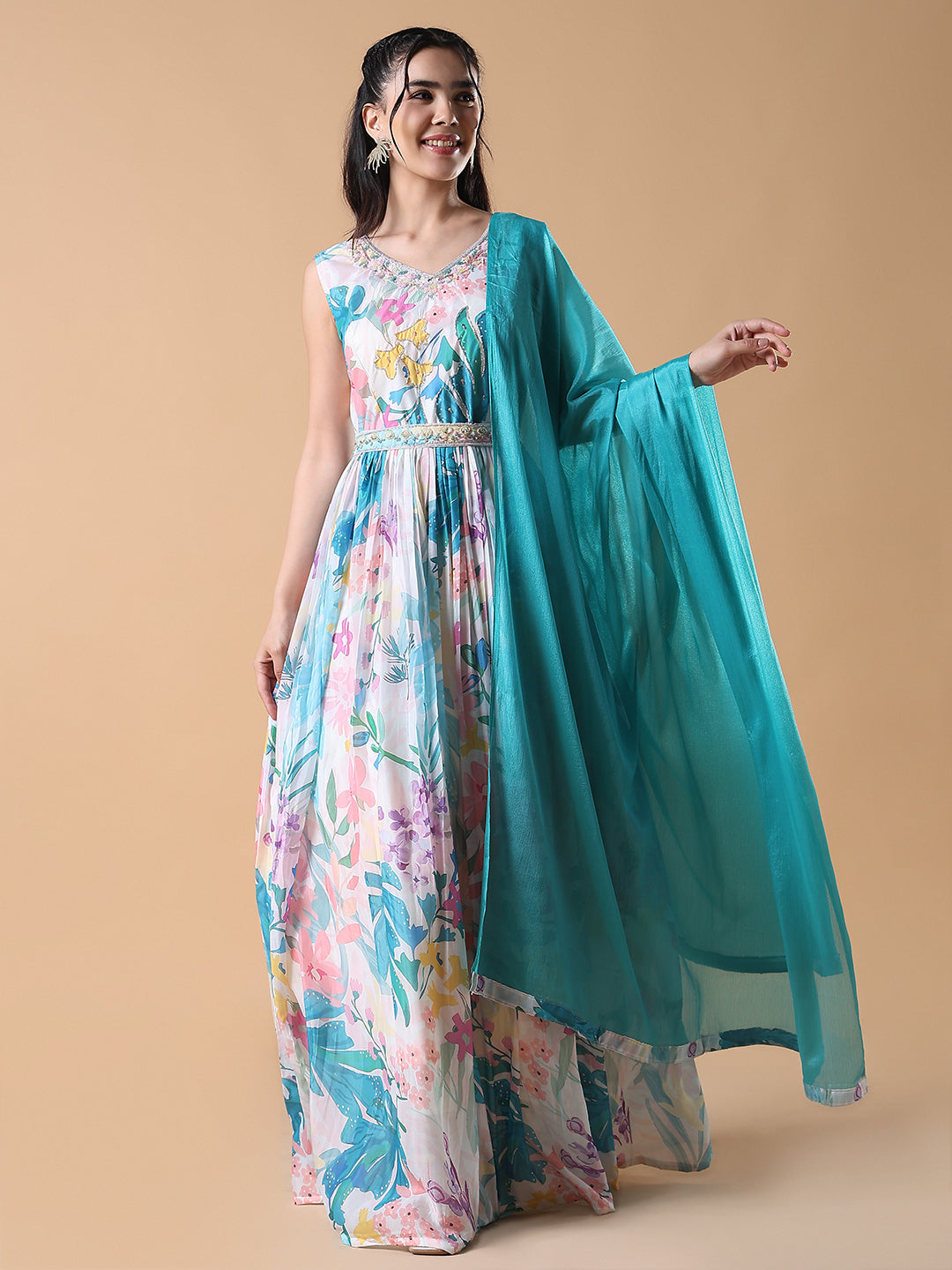 Women Blue Floral Anarkali Kurta with Belt and Dupatta