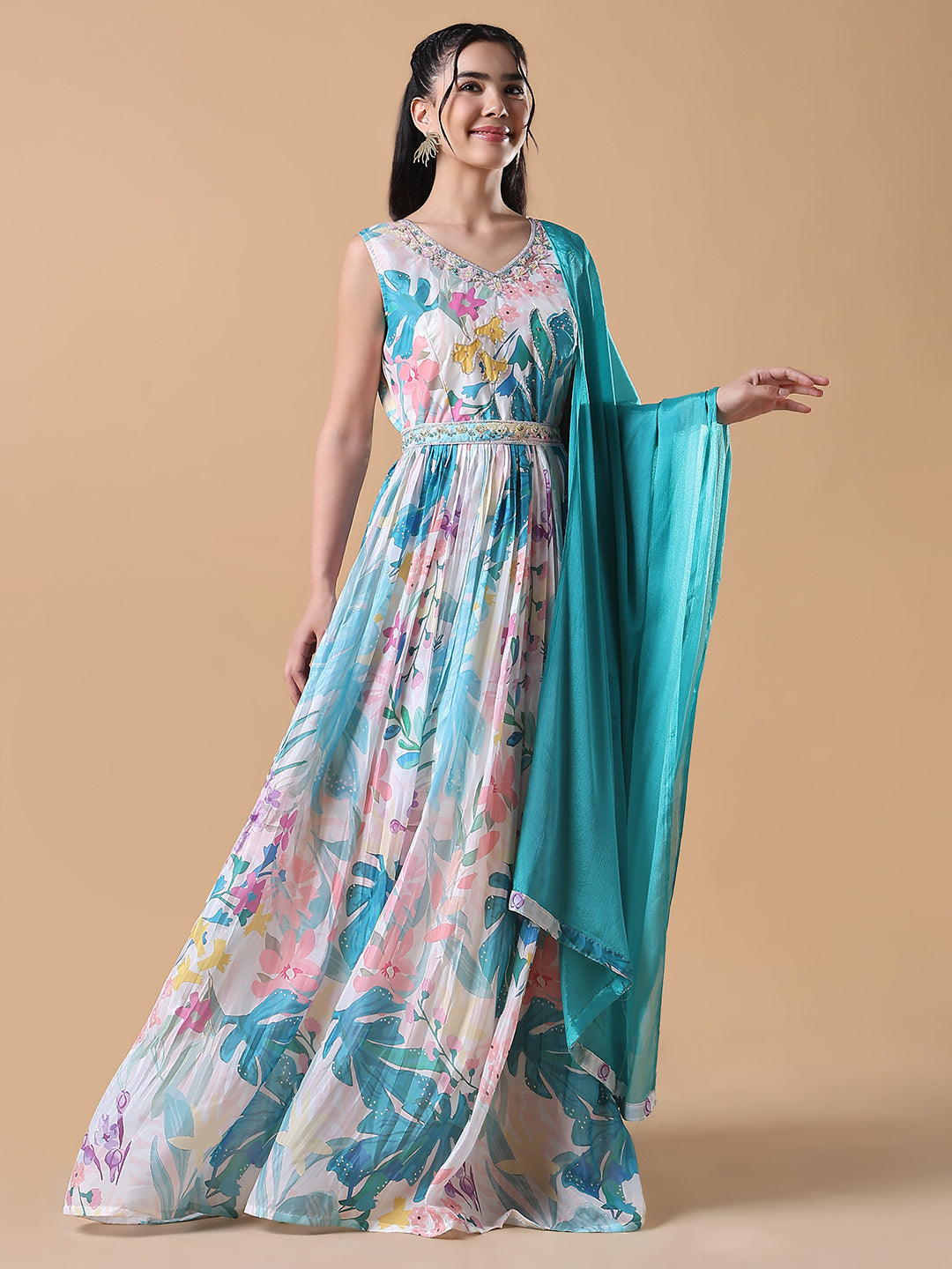 Women Blue Floral Anarkali Kurta with Belt and Dupatta