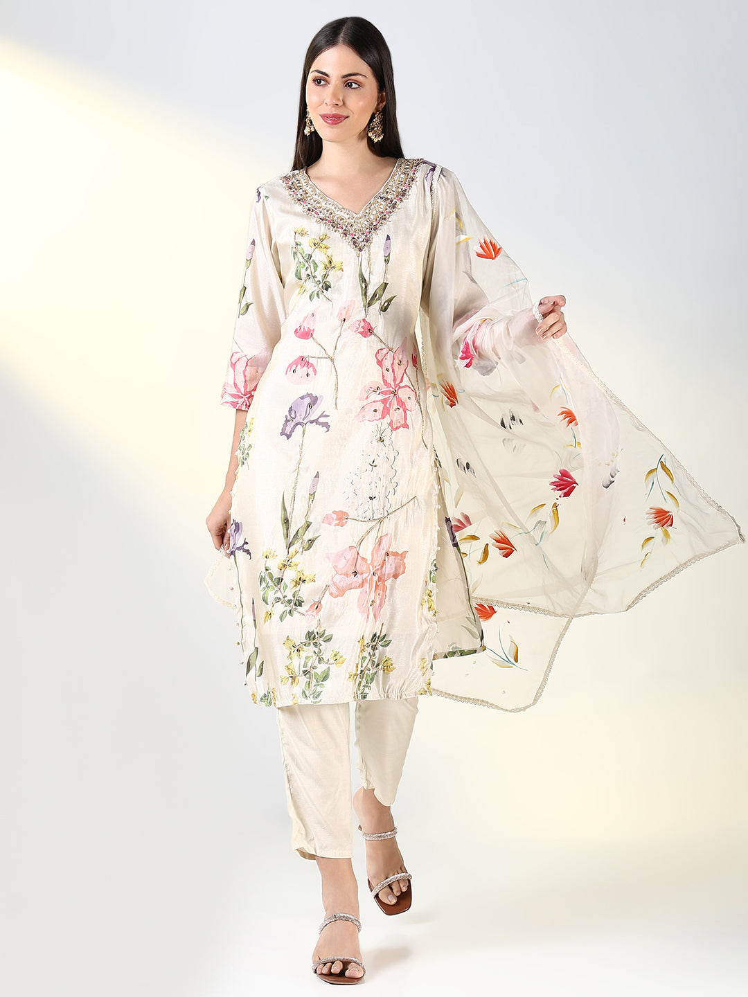 Women Cream Floral Straight Kurta Set with Dupatta