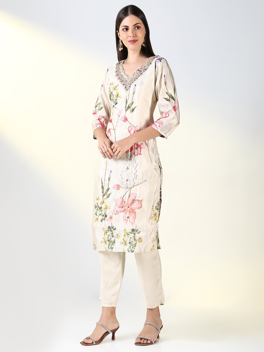 Women Cream Floral Straight Kurta Set with Dupatta