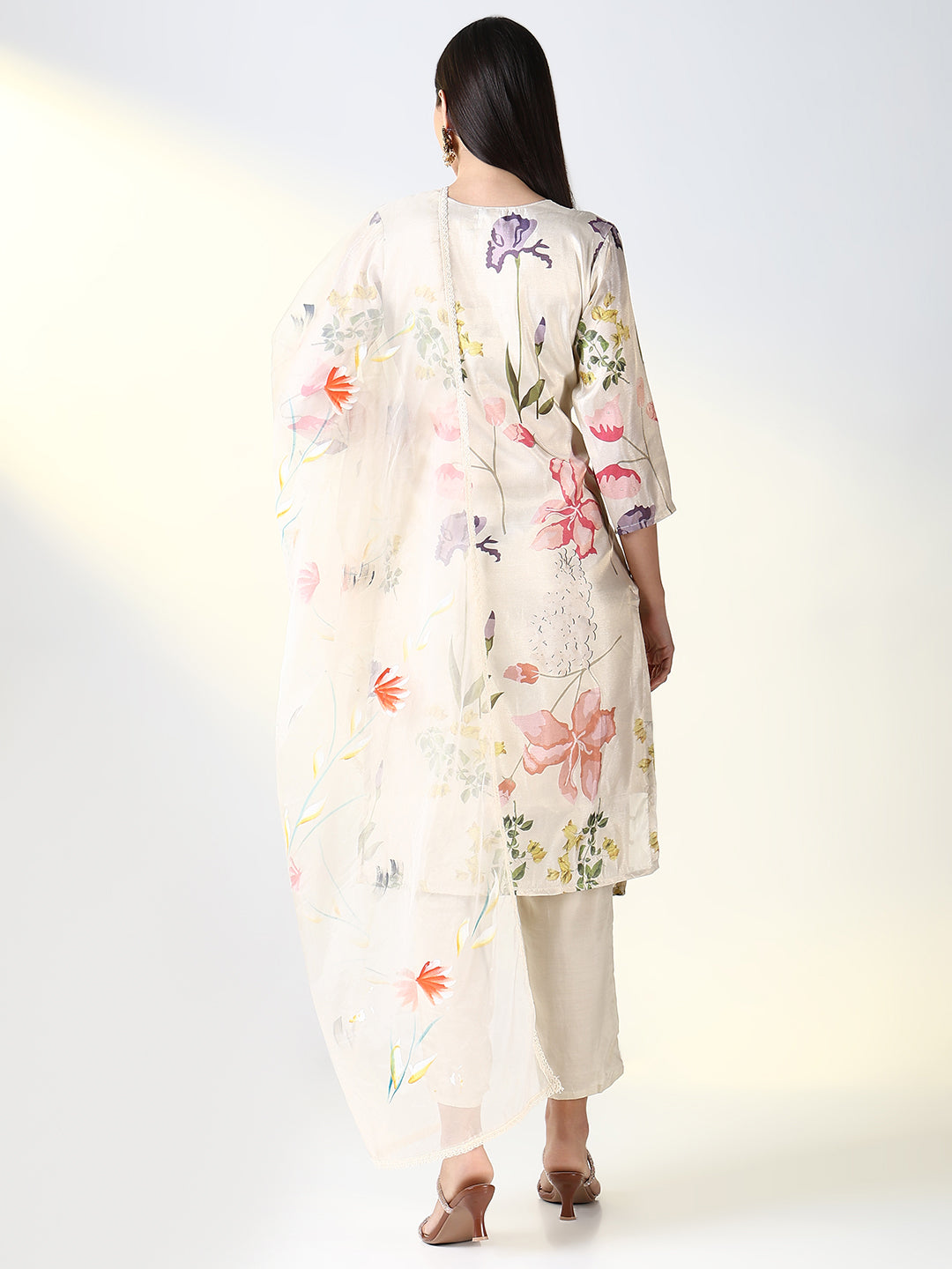 Women Cream Floral Straight Kurta Set with Dupatta