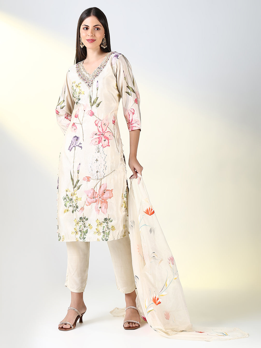 Women Cream Floral Straight Kurta Set with Dupatta