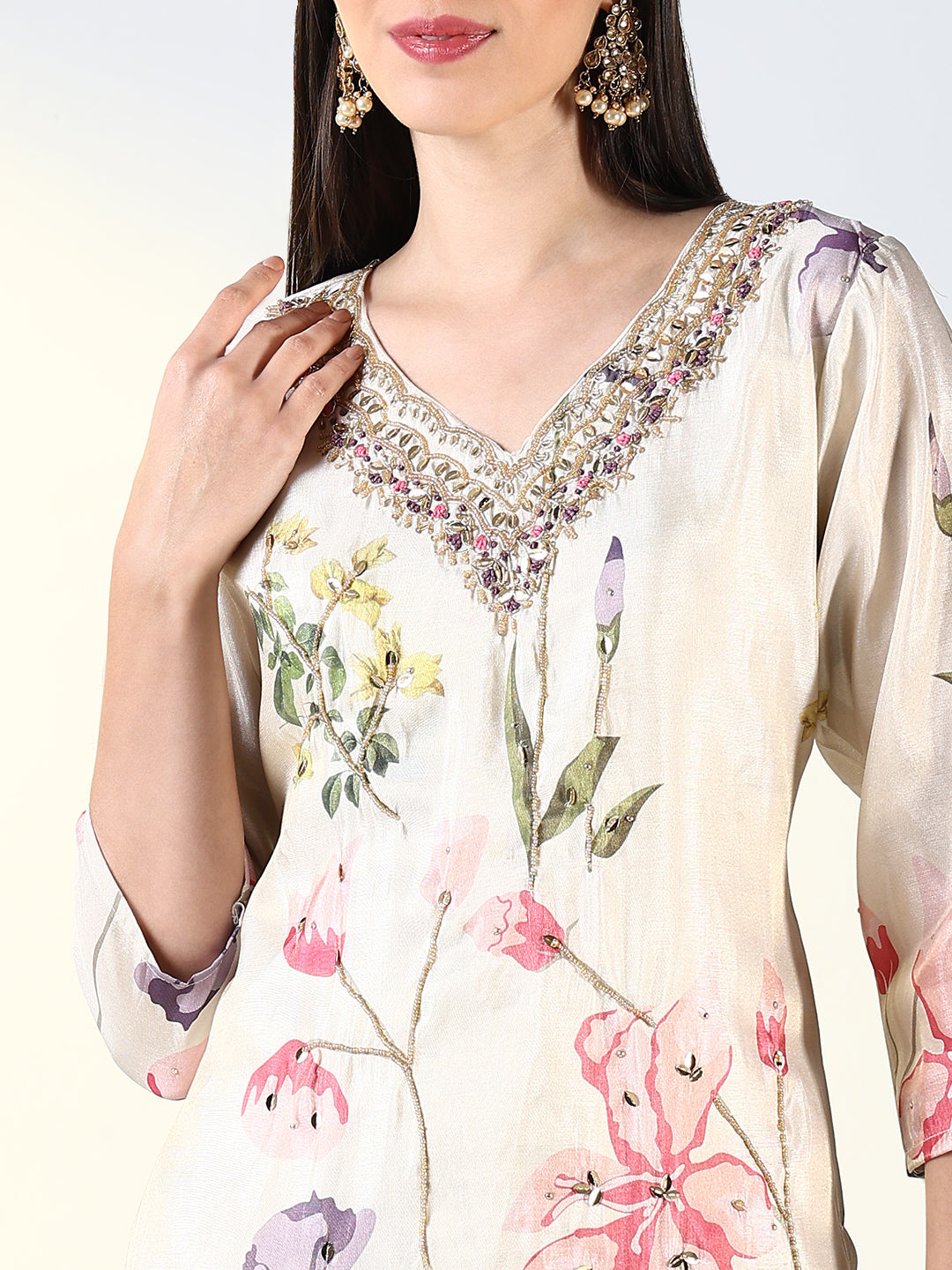 Women Cream Floral Straight Kurta Set with Dupatta