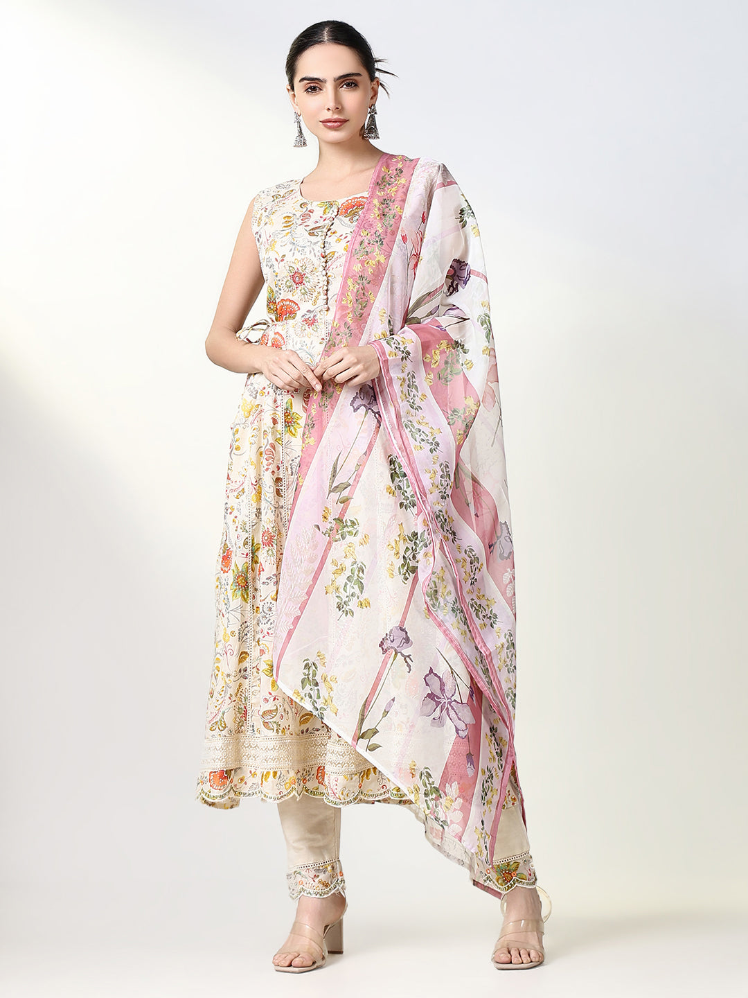 Women Floral Cream Anarkali Kurta Set with Dupatta