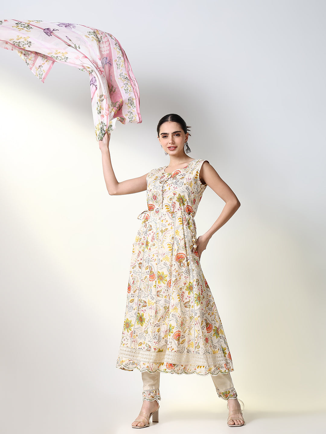 Women Floral Cream Anarkali Kurta Set with Dupatta