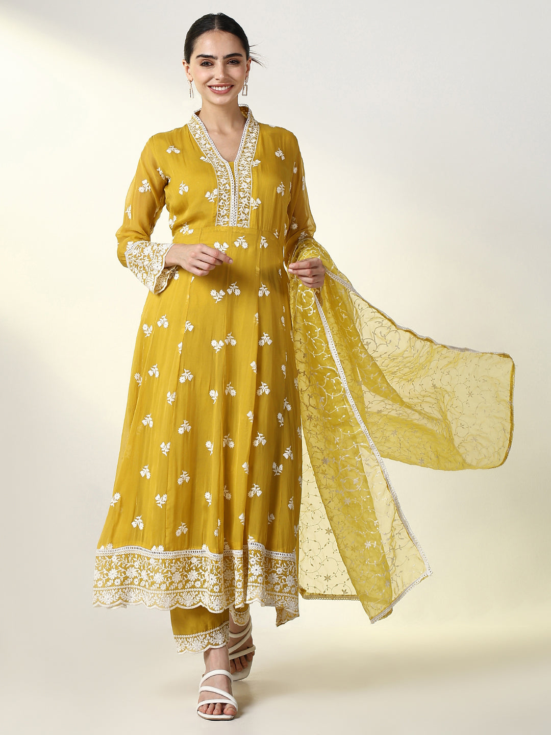 Women Floral Mustard Anarkali Kurta Set with Dupatta