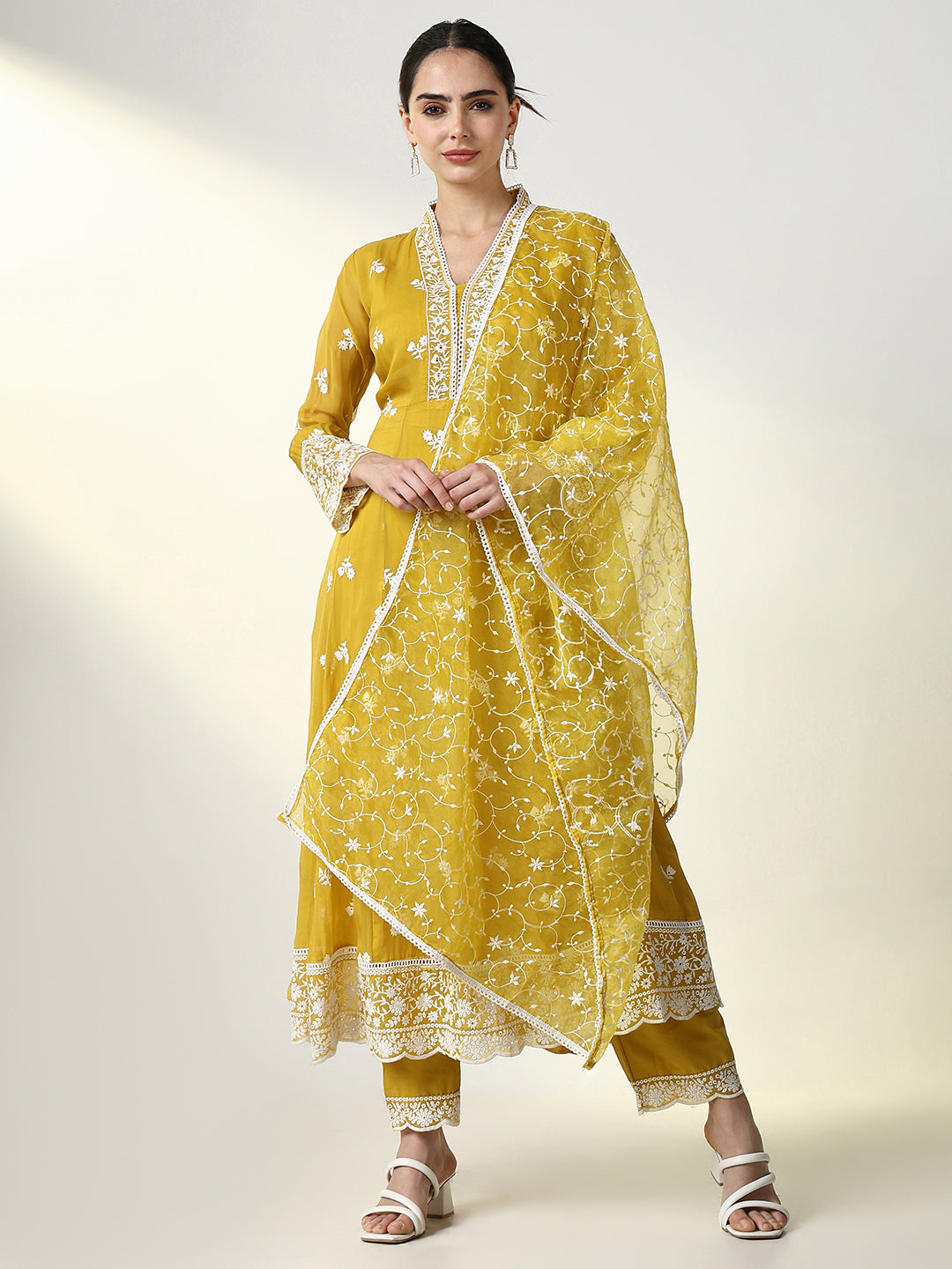 Women Floral Mustard Anarkali Kurta Set with Dupatta