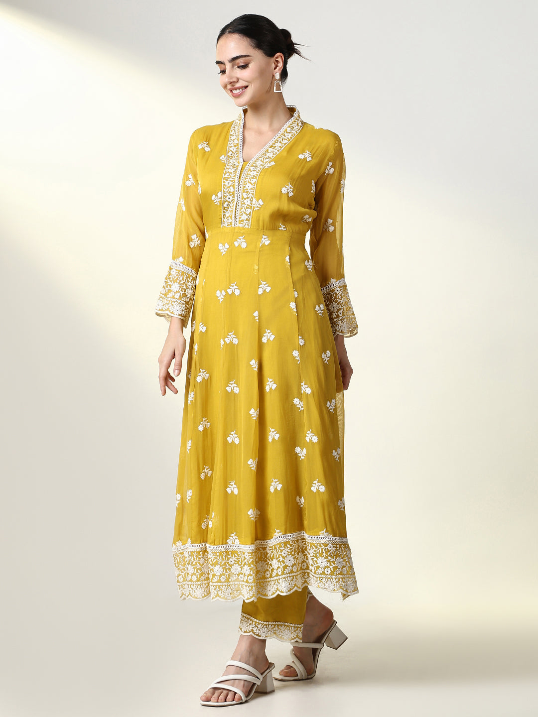 Women Floral Mustard Anarkali Kurta Set with Dupatta