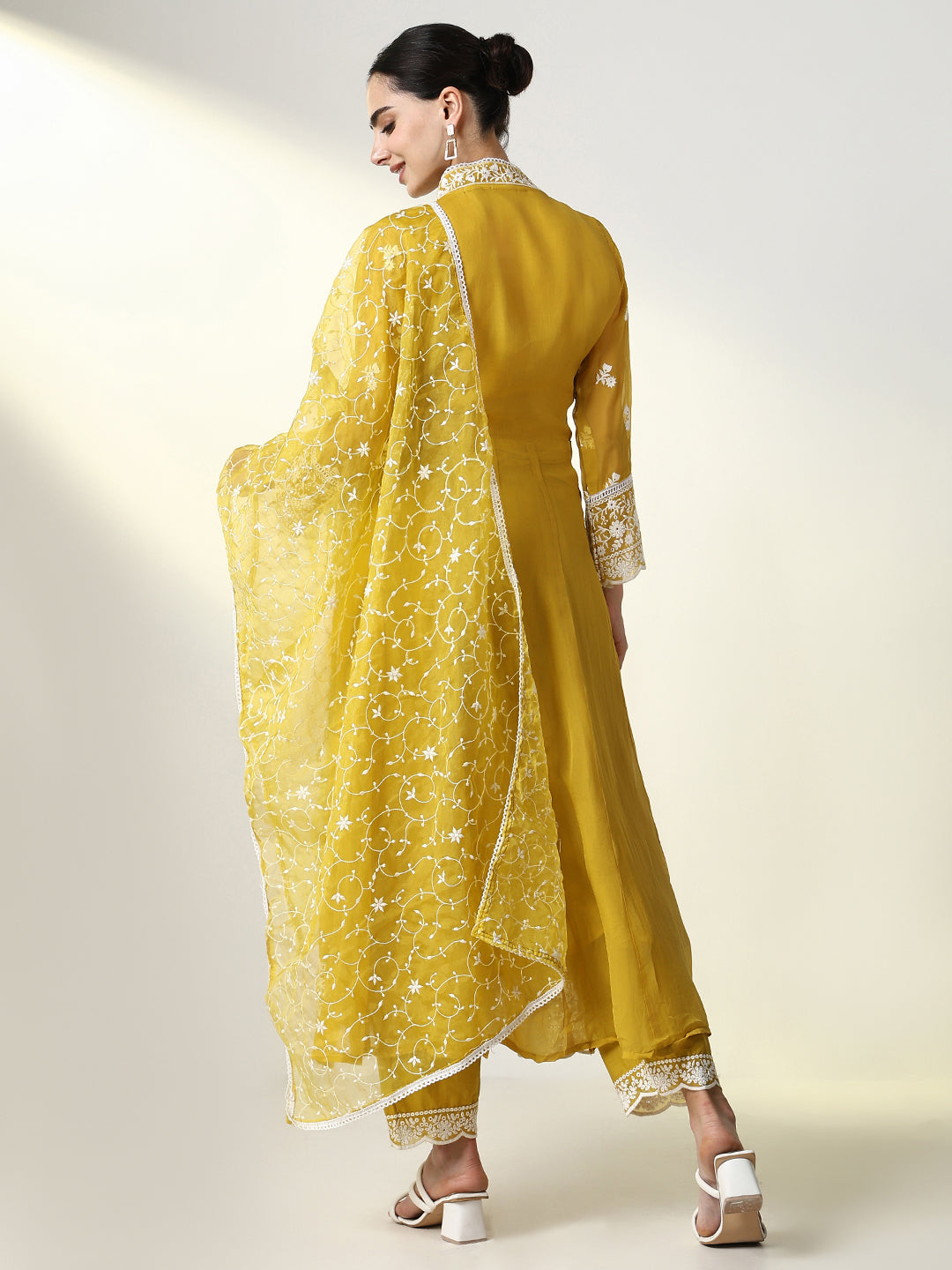 Women Floral Mustard Anarkali Kurta Set with Dupatta