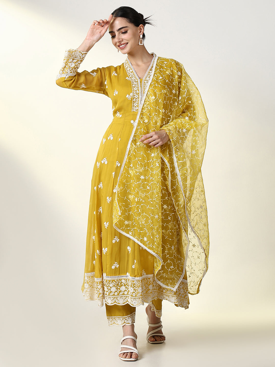 Women Floral Mustard Anarkali Kurta Set with Dupatta