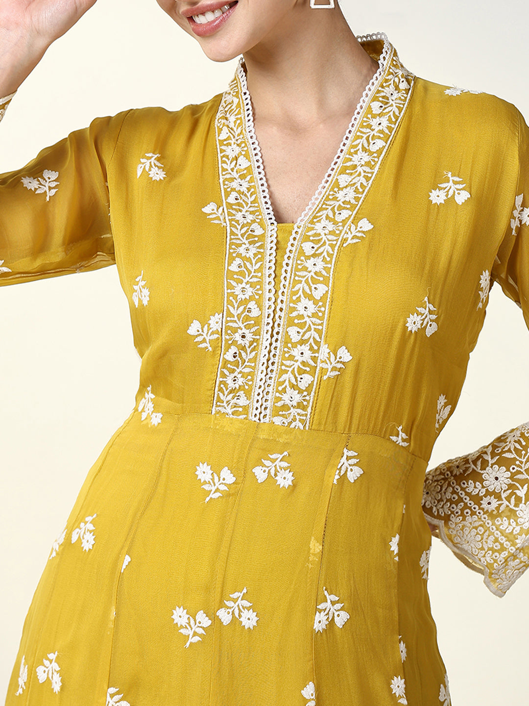 Women Floral Mustard Anarkali Kurta Set with Dupatta