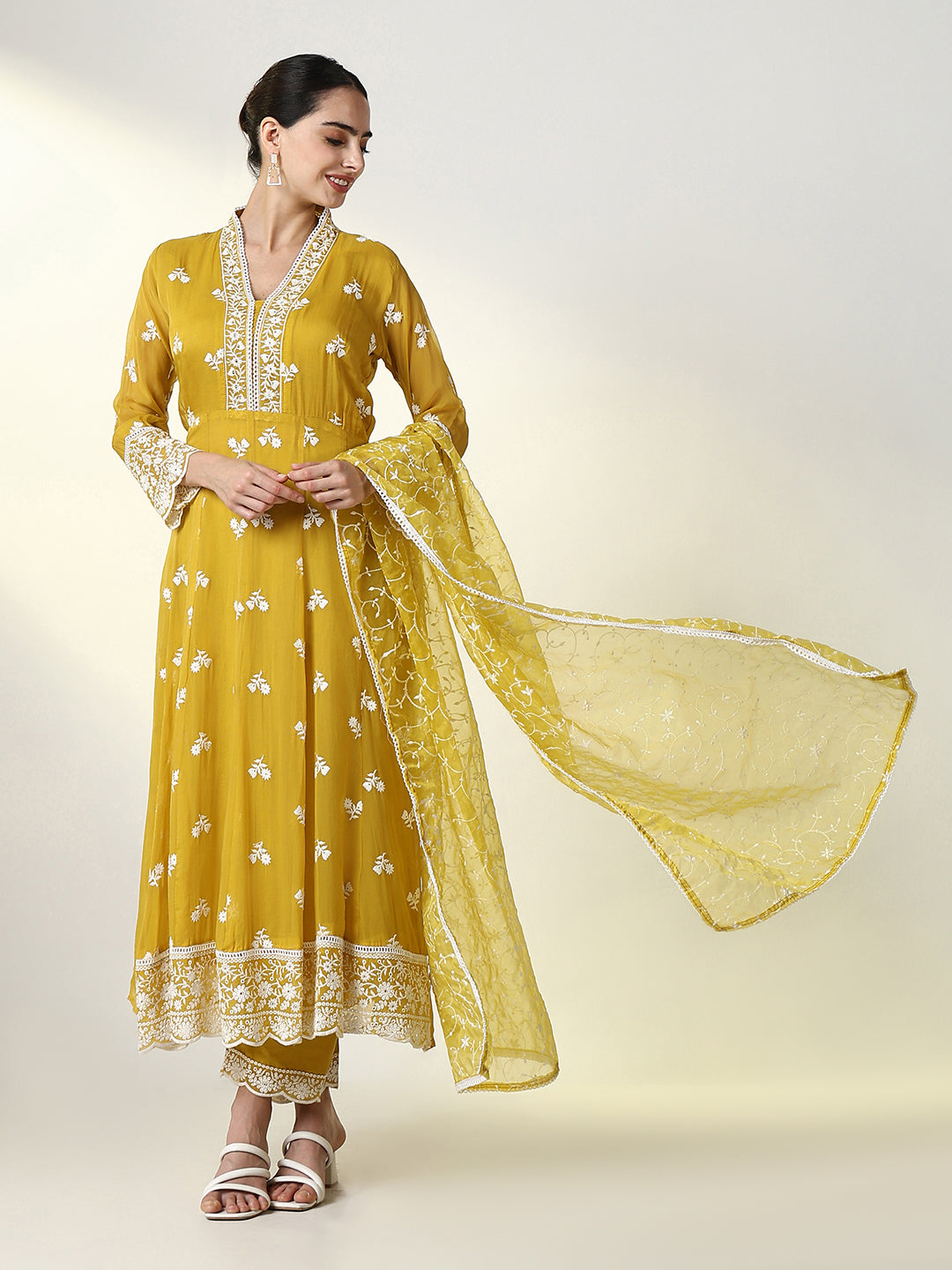 Women Floral Mustard Anarkali Kurta Set with Dupatta