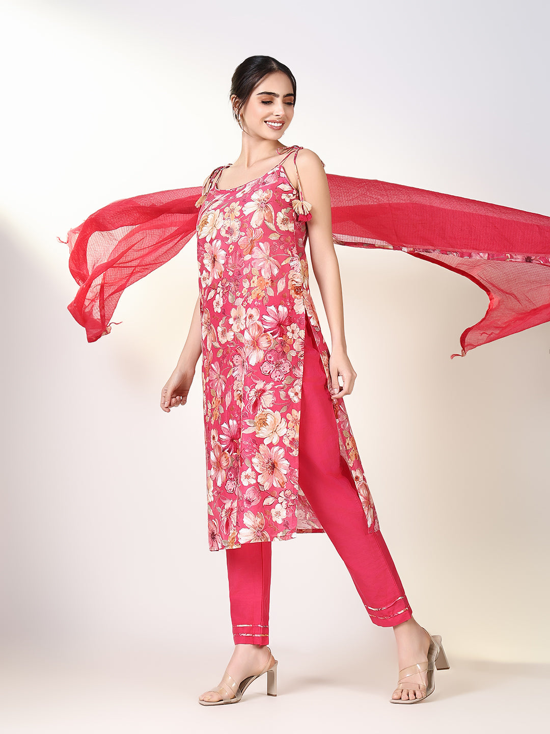 Women Floral Pink Straight Kurta Set with Dupatta