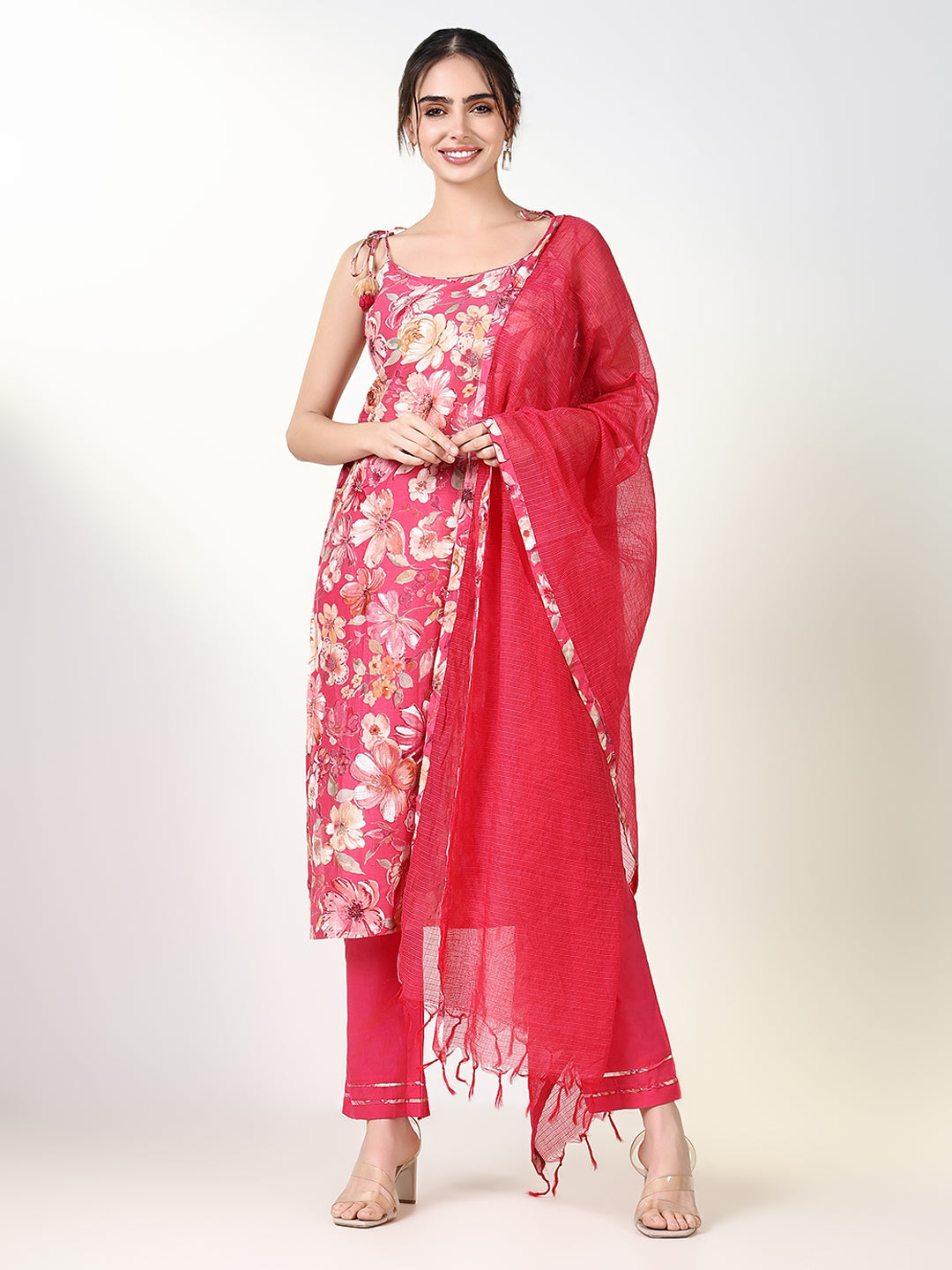 Women Floral Pink Straight Kurta Set with Dupatta