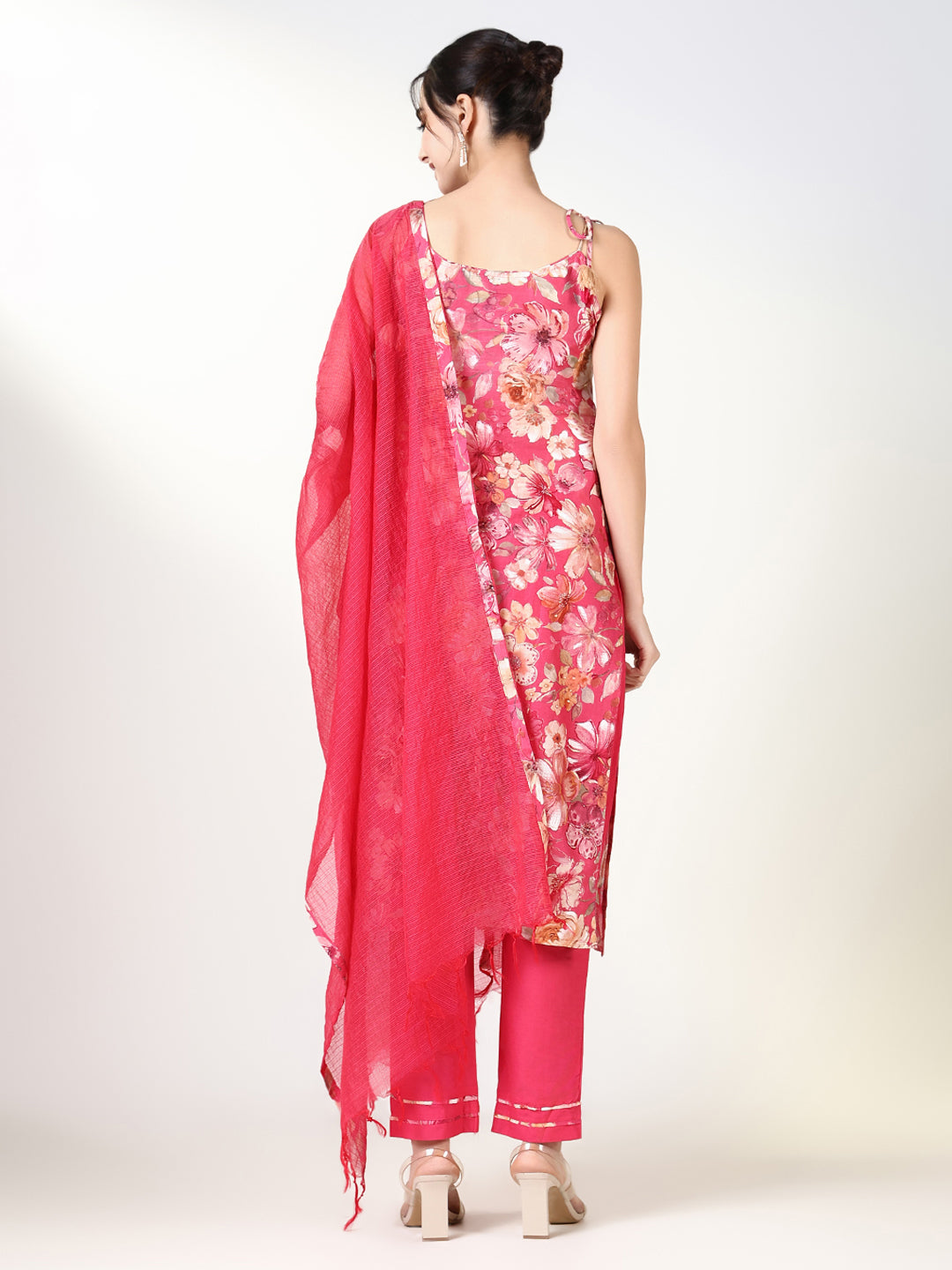 Women Floral Pink Straight Kurta Set with Dupatta