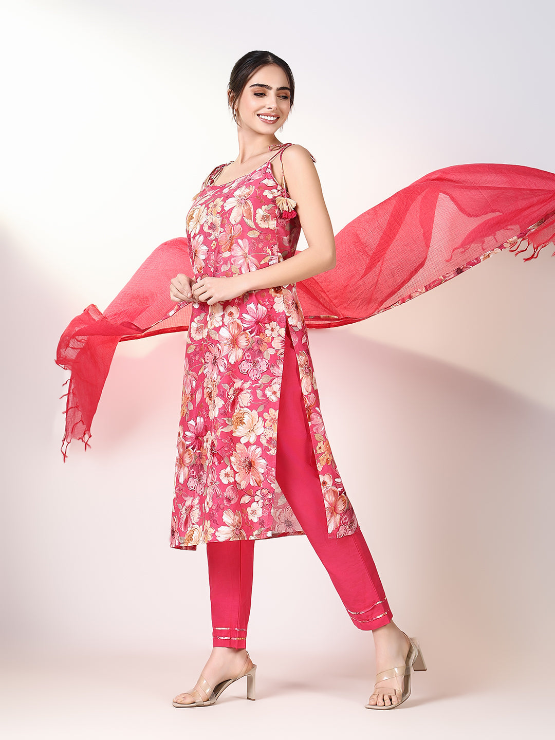 Women Floral Pink Straight Kurta Set with Dupatta