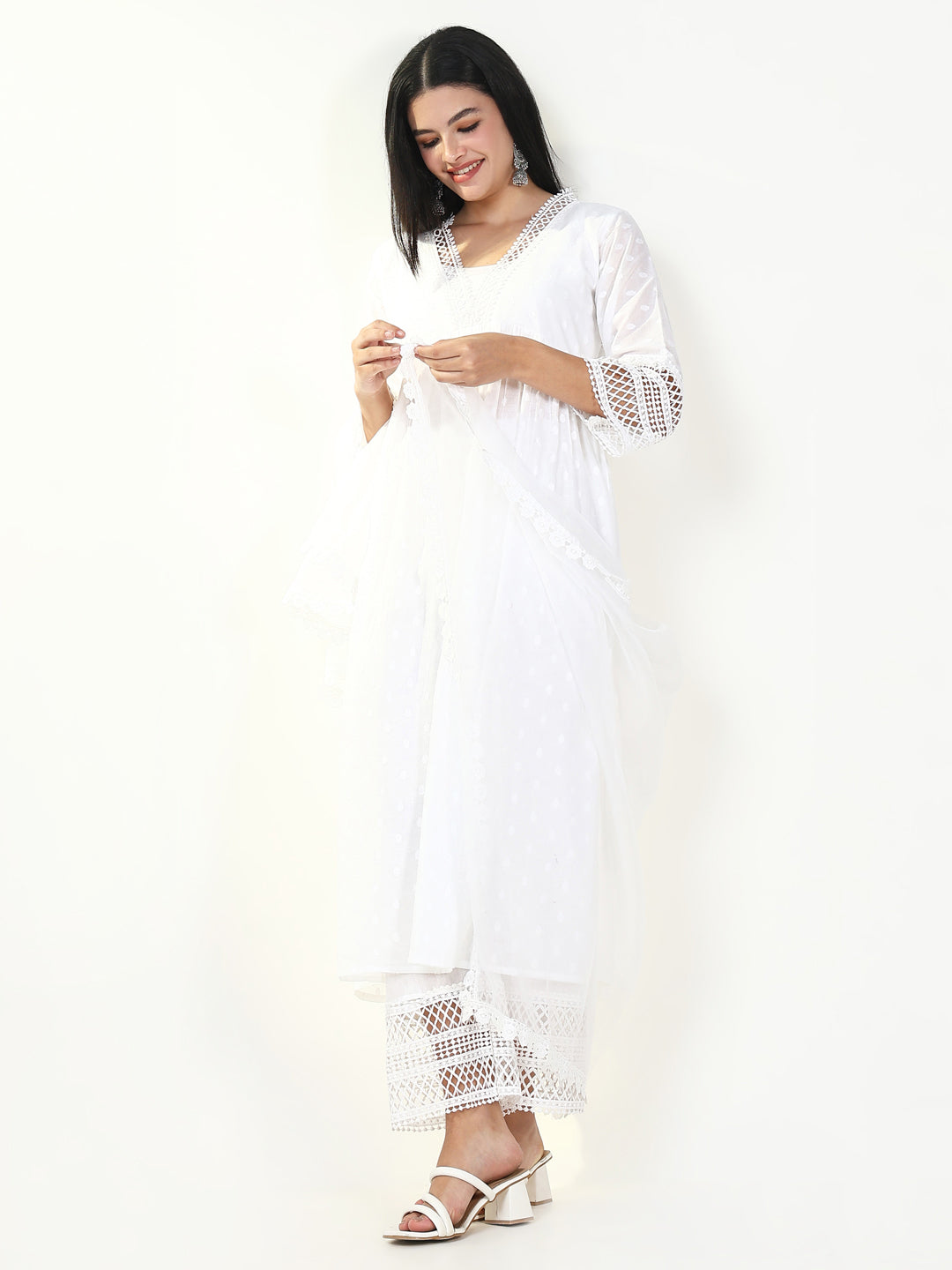 Women Solid White Anarkali Kurta Set with Dupatta