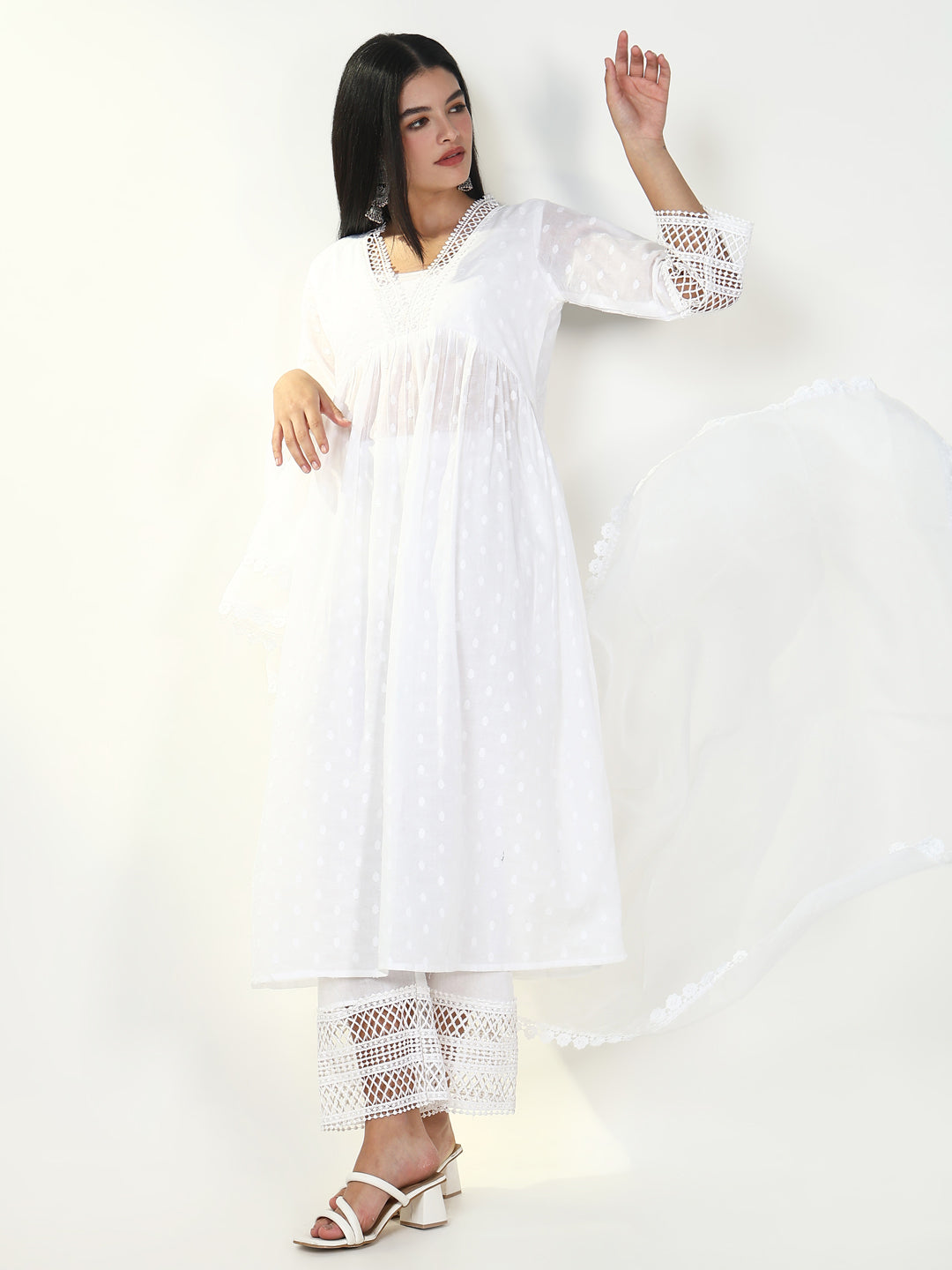 Women Solid White Anarkali Kurta Set with Dupatta