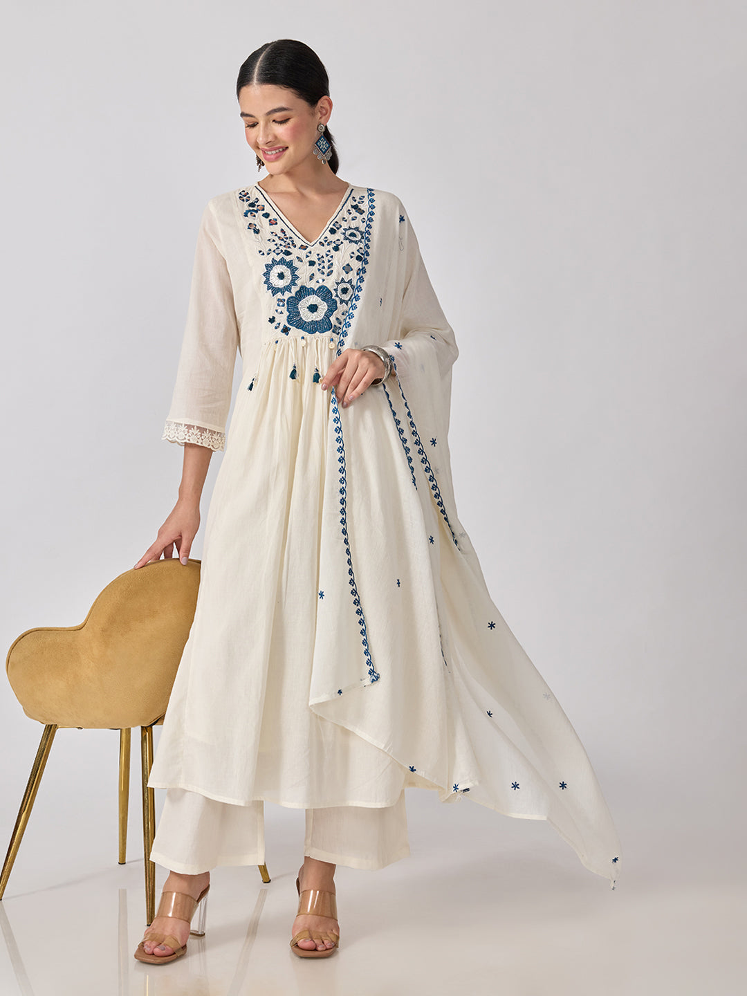 Women’s Floral Embroidered Off White Anarkali Kurta Set with V-Neck and Dupatta
