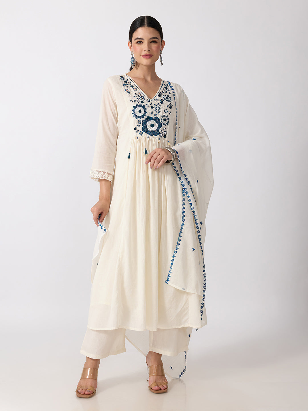 Women’s Floral Embroidered Off White Anarkali Kurta Set with V-Neck and Dupatta